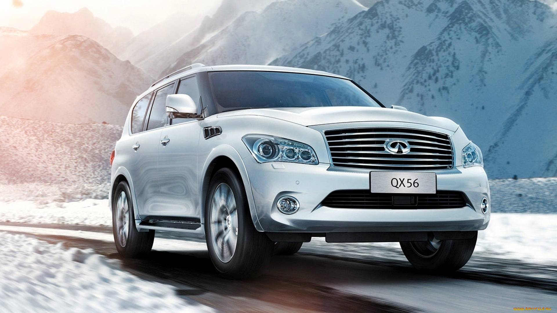 автомобили, infiniti, скорость, горы, снег, белый, инфинити, qx56