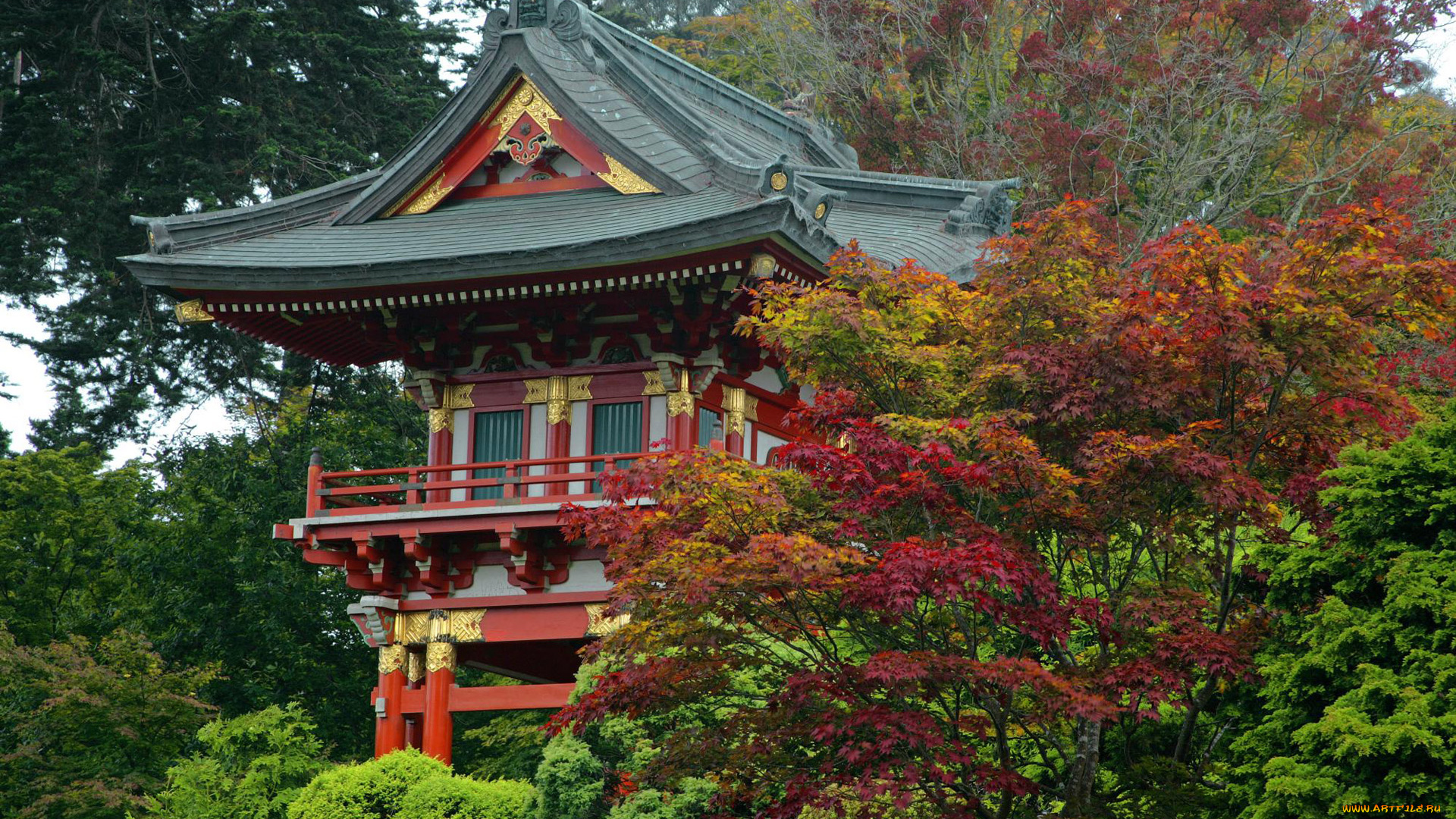 города, -, буддийские, и, другие, храмы, парк, пагода, осень, деревья