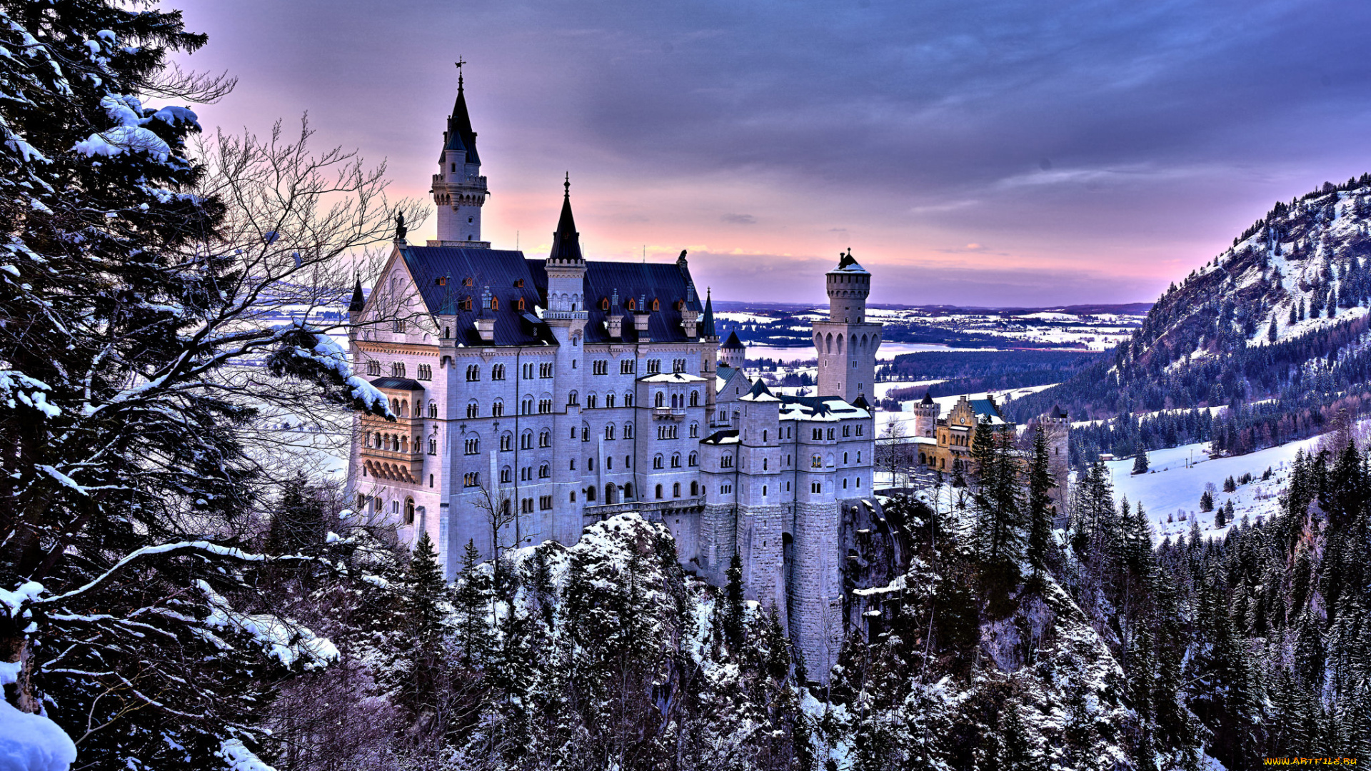 neuschwanstein, castle, города, замок, нойшванштайн, , германия, замок, зима, лес