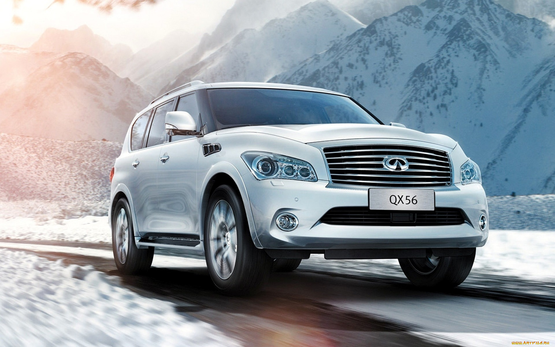 автомобили, infiniti, скорость, горы, снег, белый, инфинити, qx56