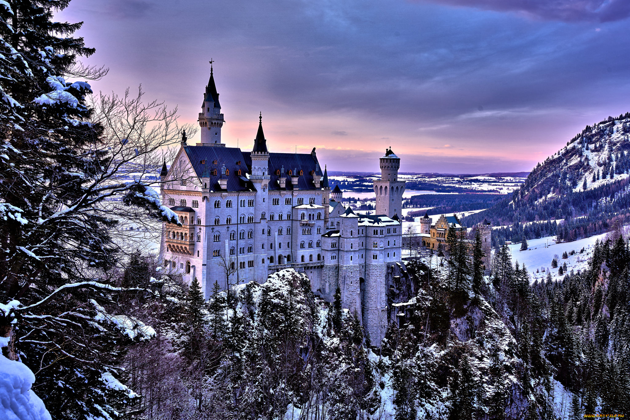 neuschwanstein, castle, города, замок, нойшванштайн, , германия, замок, зима, лес