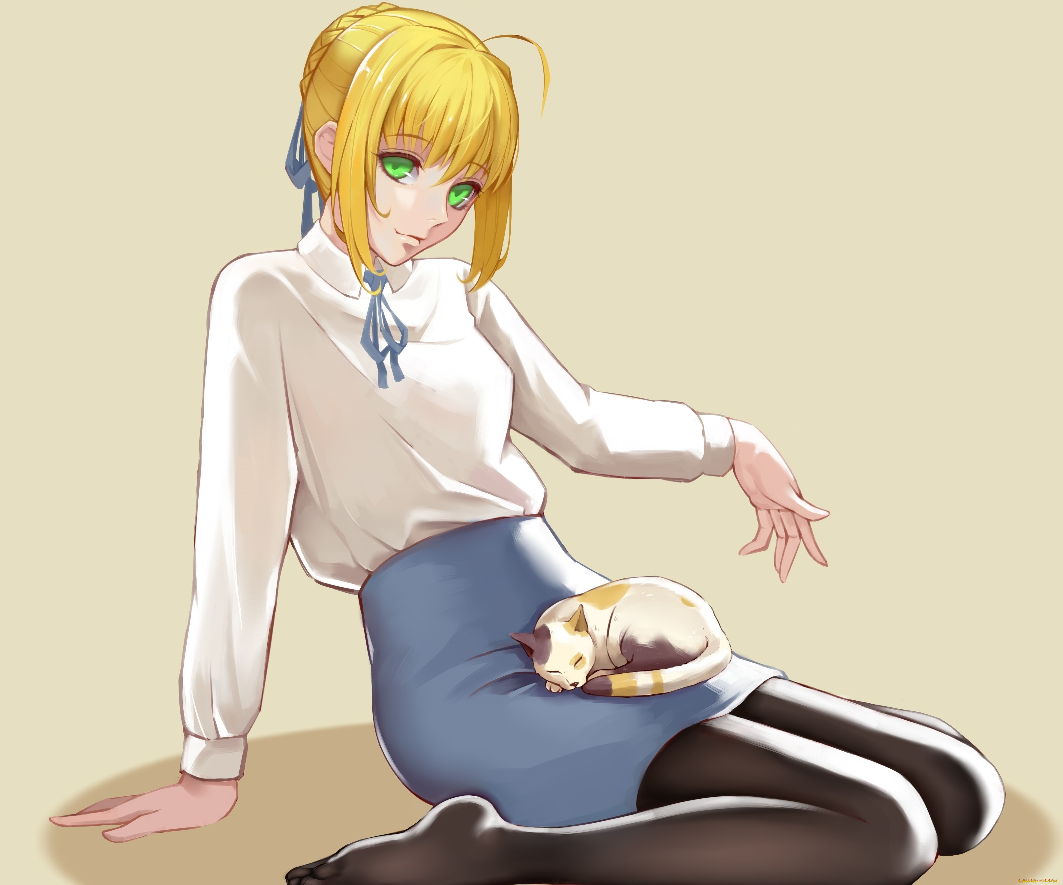 аниме, fate, stay, night, девушка, взгляд, фон, кот