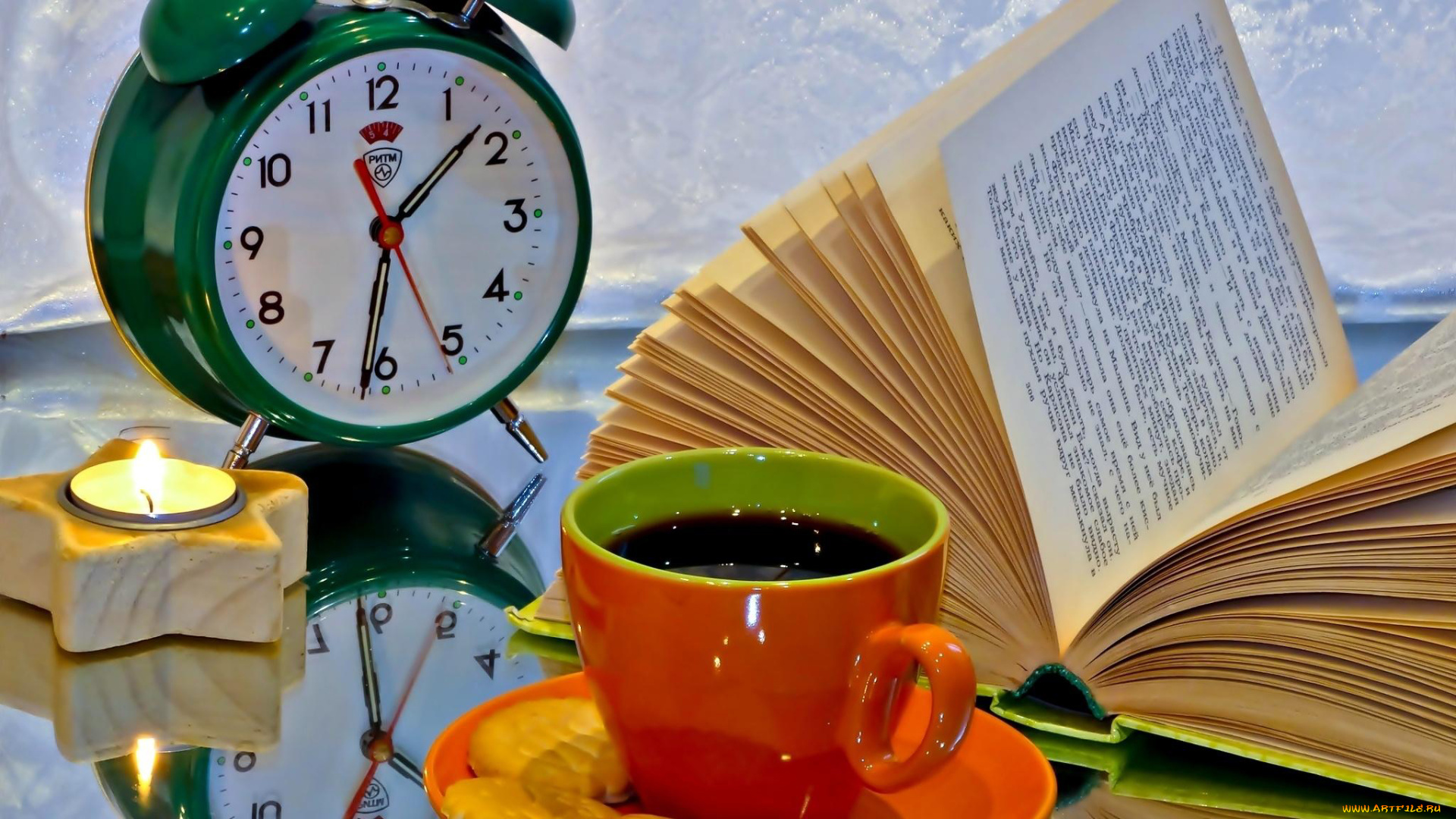 еда, кофе, , кофейные, зёрна, книга, будильник, свеча