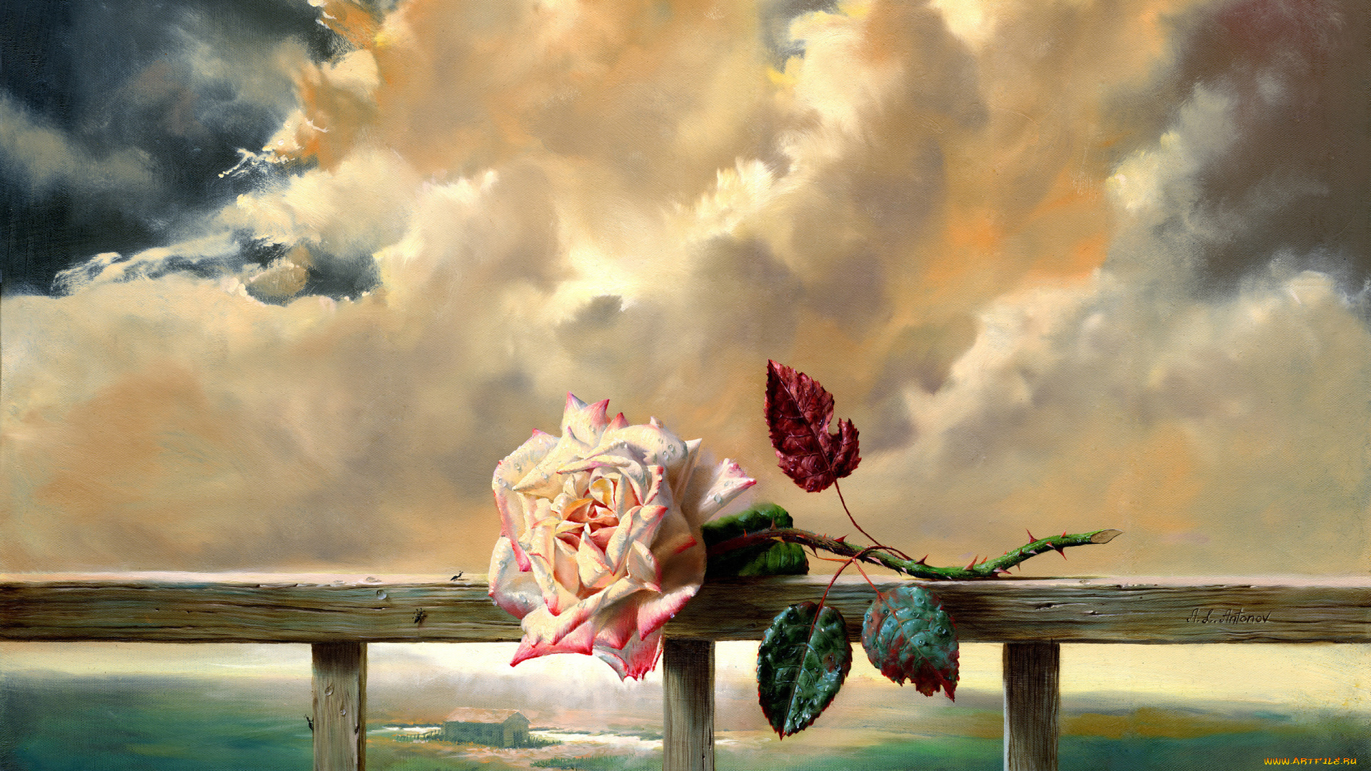 рисованное, цветы, роза, перила, лежит, тучи, небо, река, вид, пейзаж