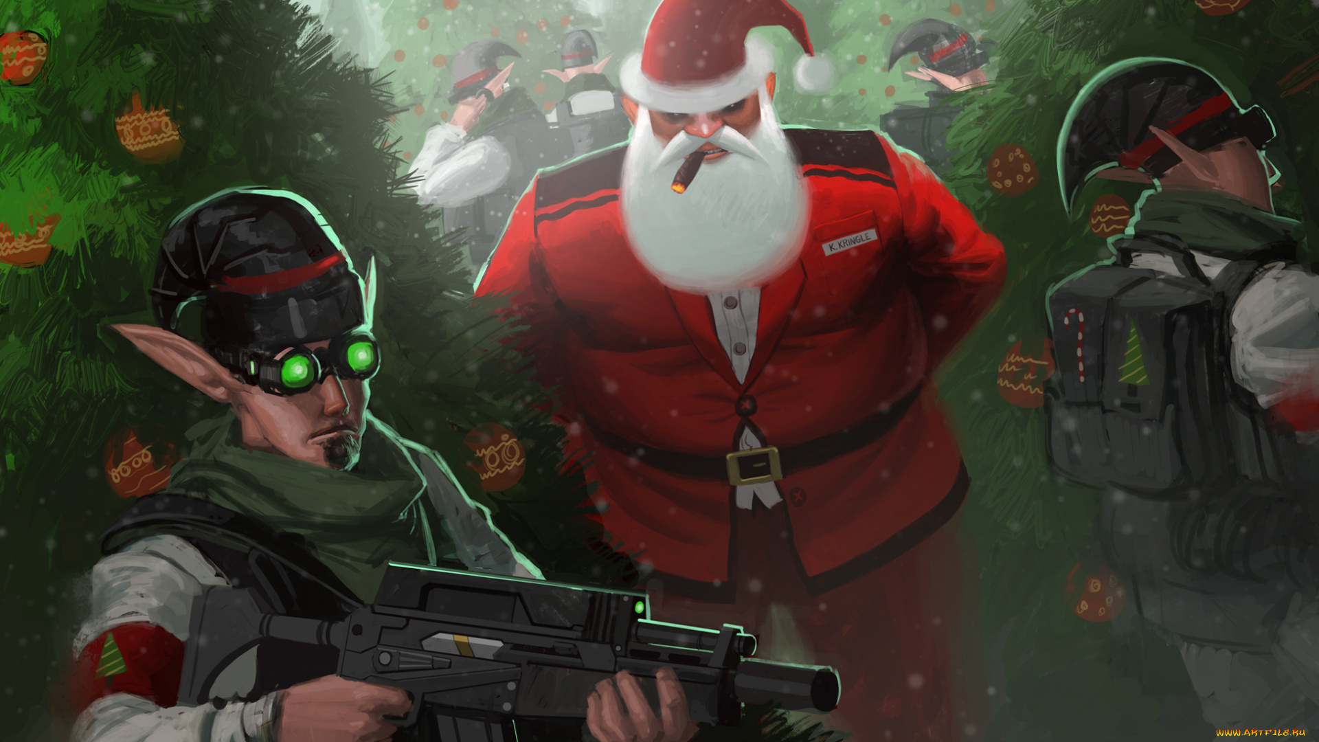 рисованное, комиксы, дед, мороз, эльф, мужчины, фон, оружие