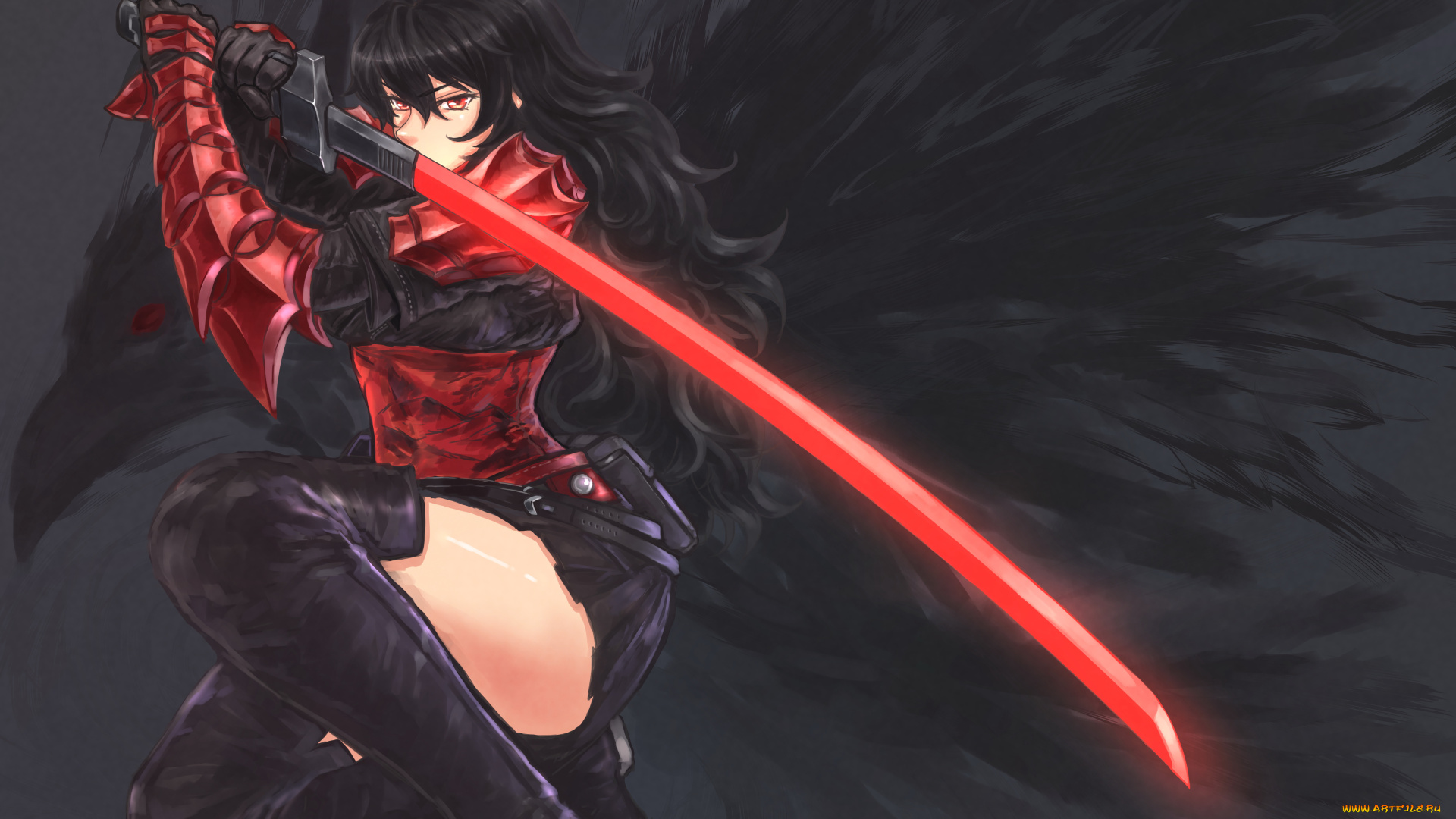 рисованное, комиксы, девушка, фон, взгляд, меч