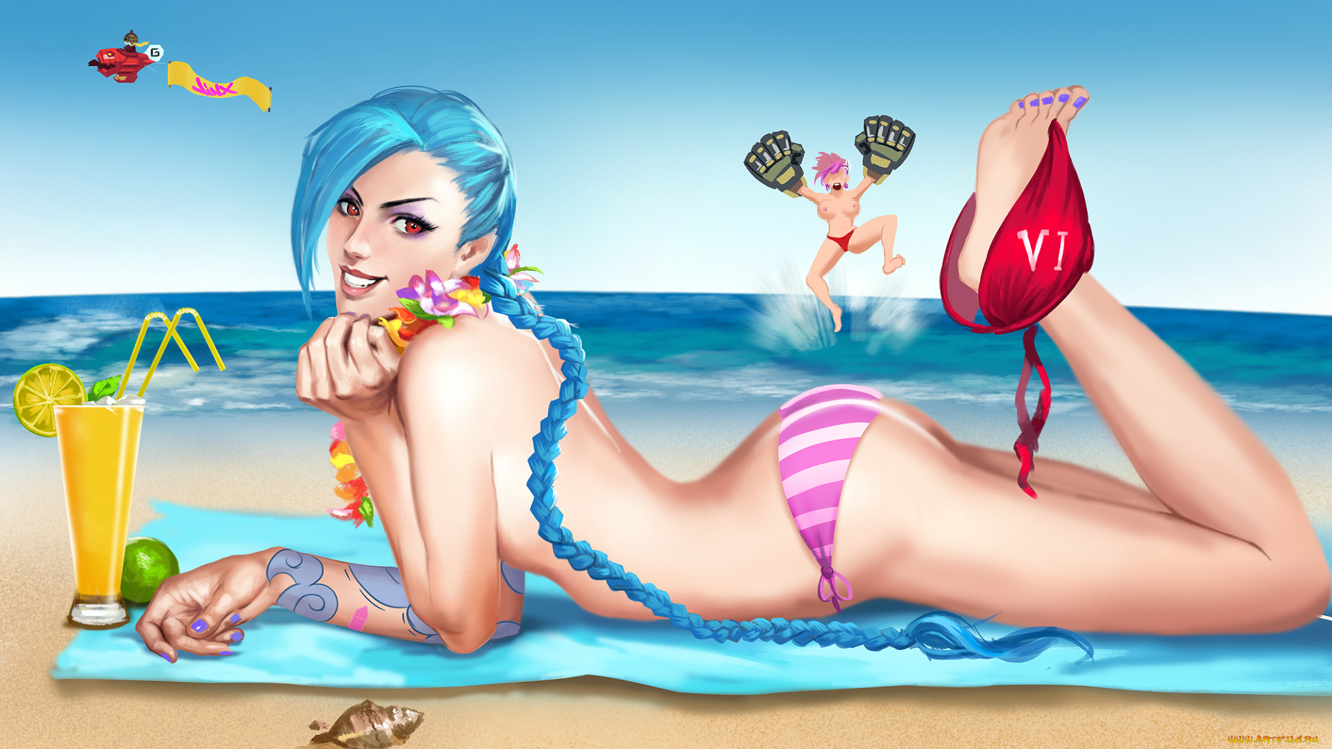 рисованное, люди, девушка, фон, взгляд, пляж, тату, коктейль
