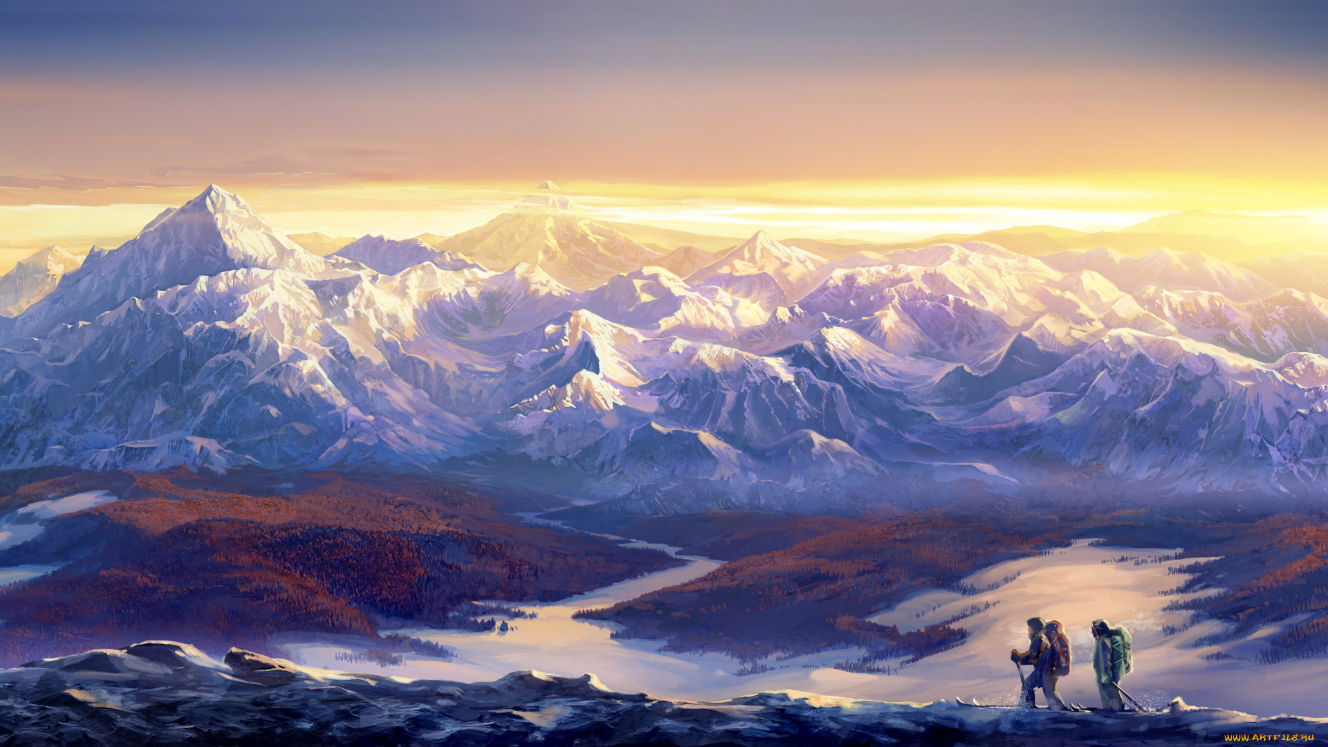 рисованное, природа, горы, вершины, снег, путешественники, тучи, солнце