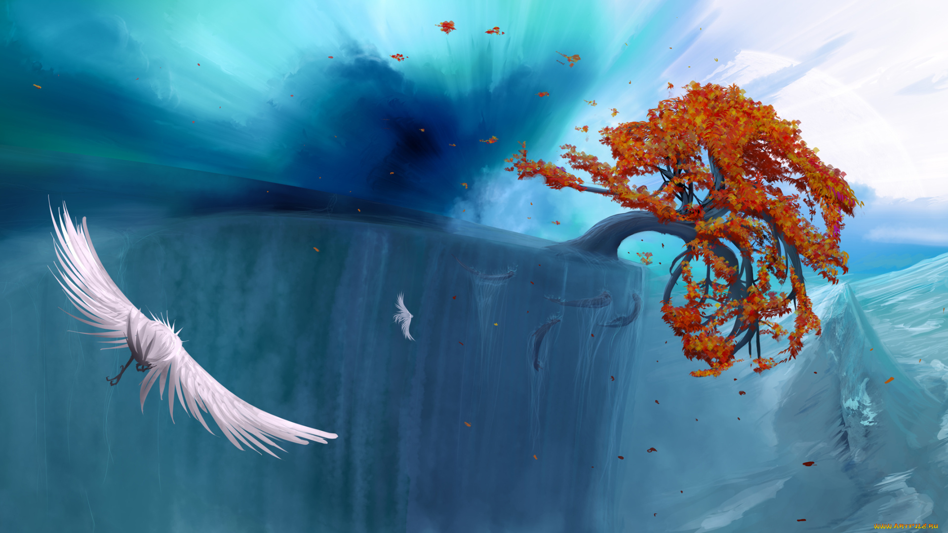 рисованное, природа, птица, вода, дерево, потоп, волны, берег