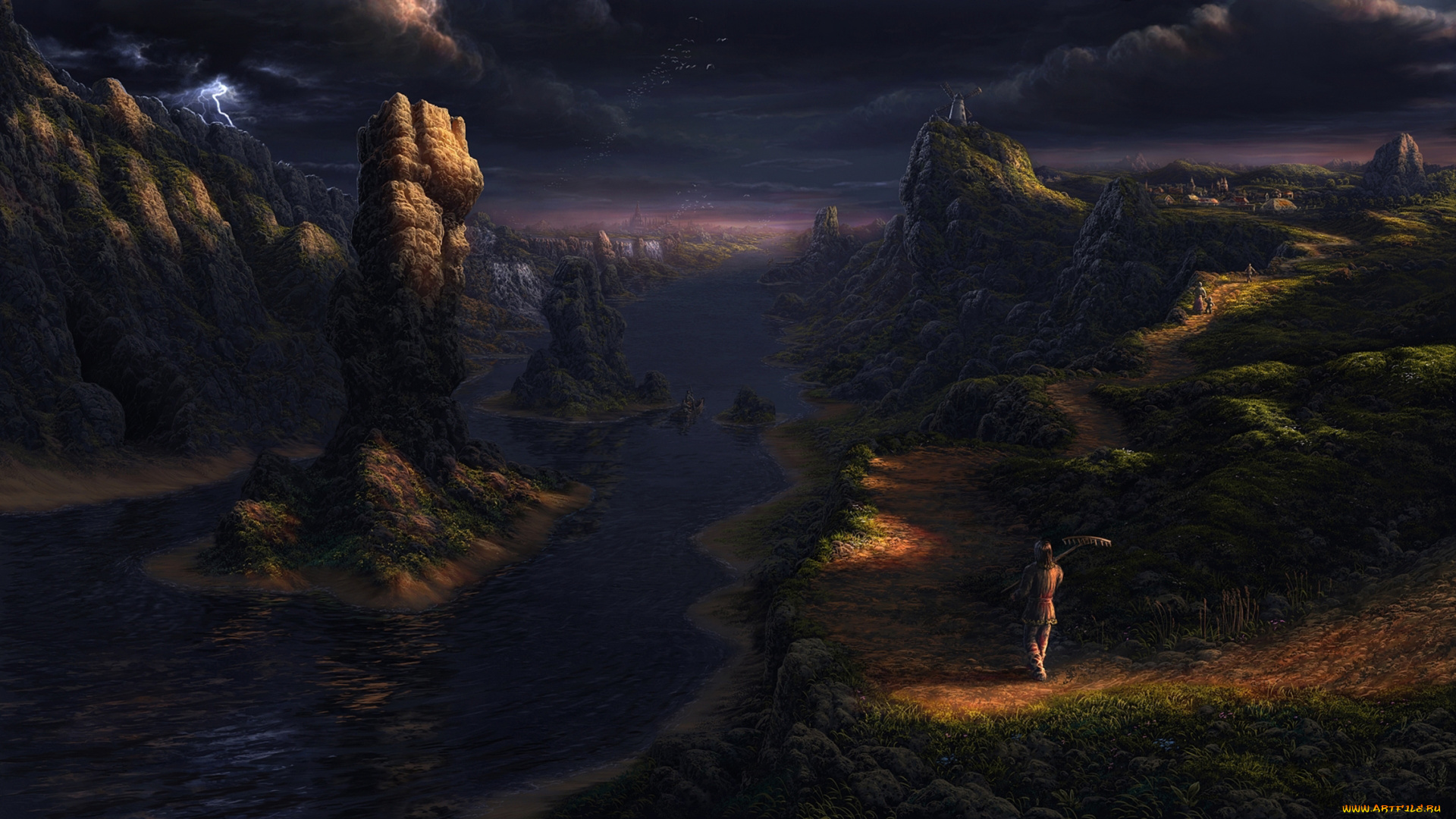 рисованное, природа, река, горы, скалы, берег, тучи, молния, человек, вода