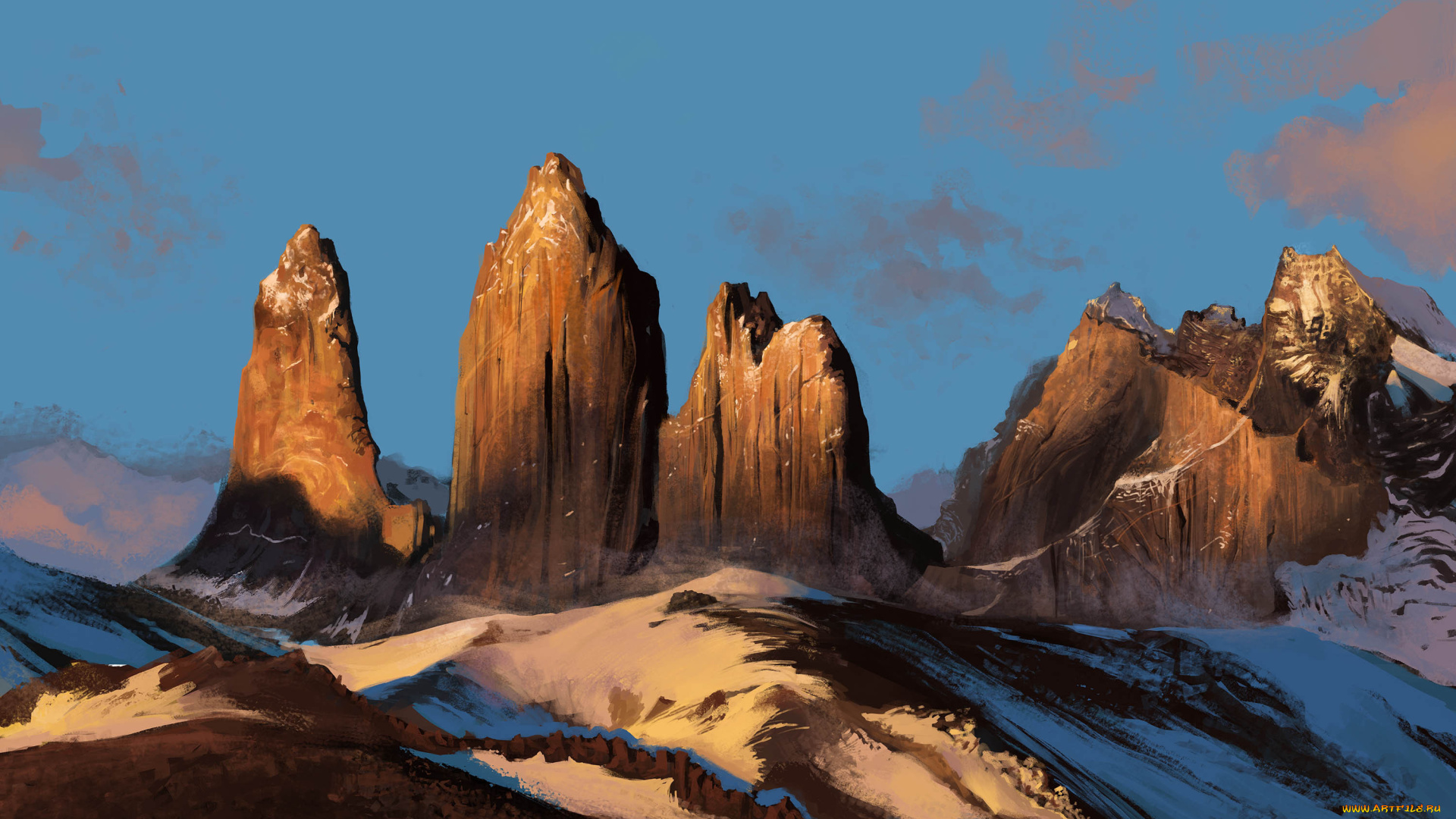 рисованное, природа, скалы, снег, пейзаж, горы, небо