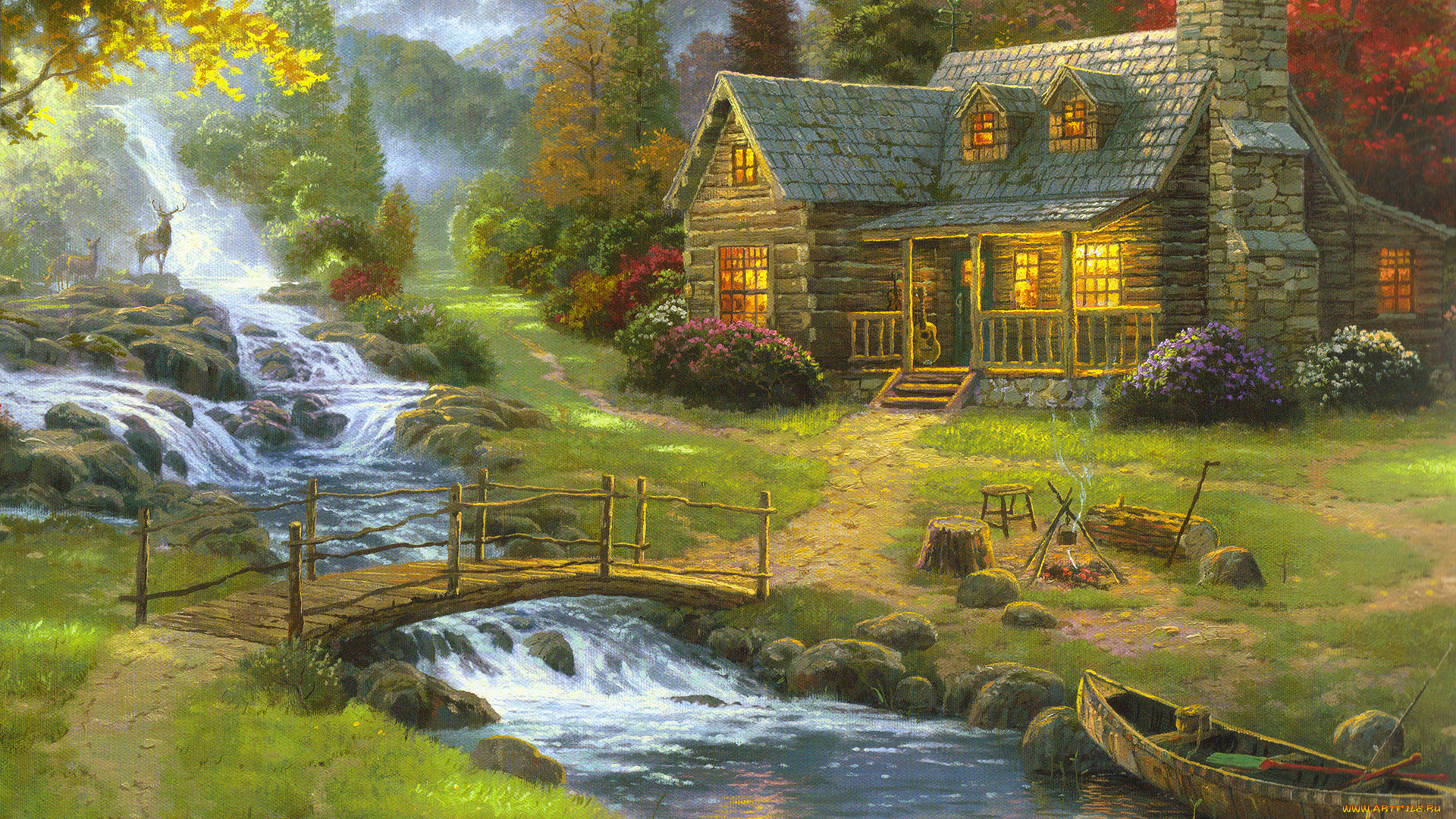 рисованное, живопись, лес, речка, домик, олени, лодка, мостик, река, труба, свет