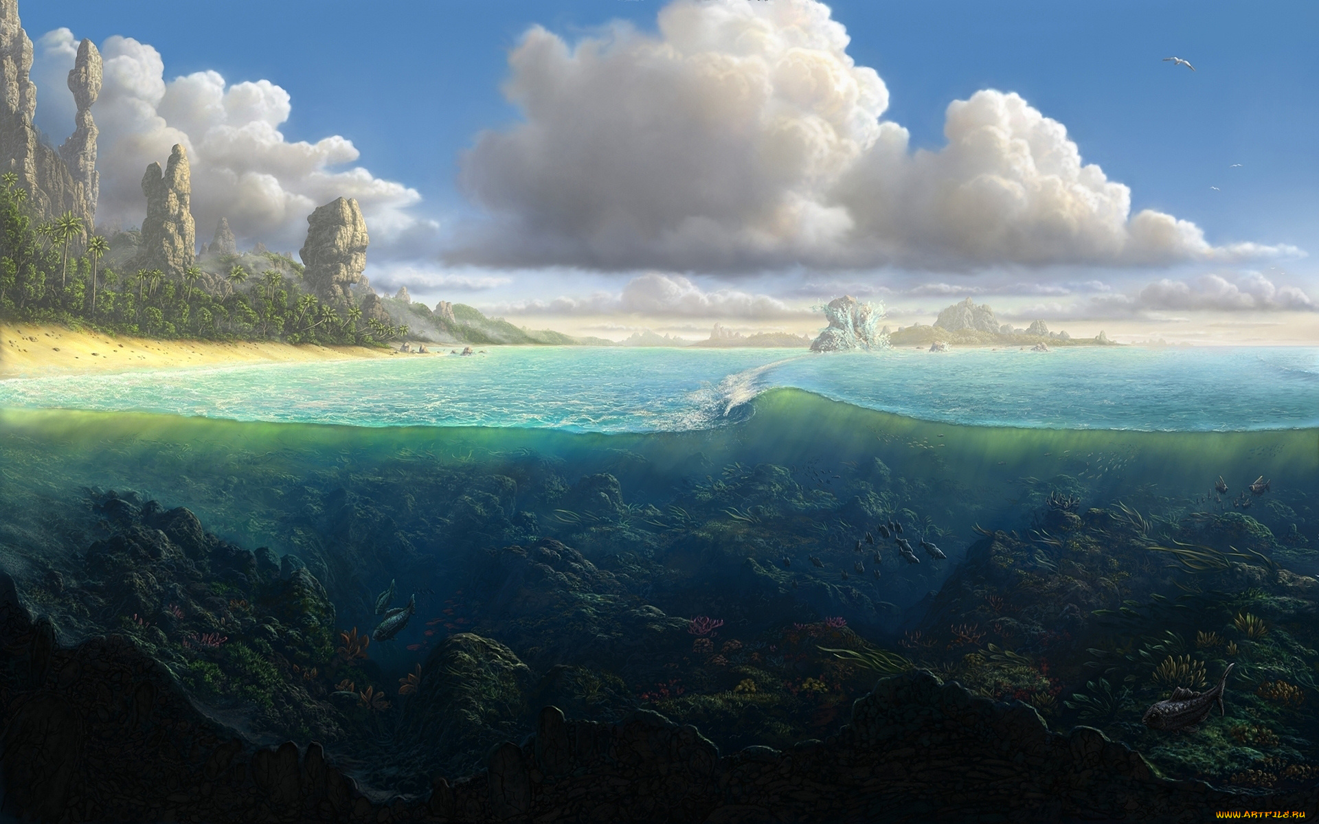 рисованное, природа, океан, берег, скалы, рыбы, вода, в, разрезе, море