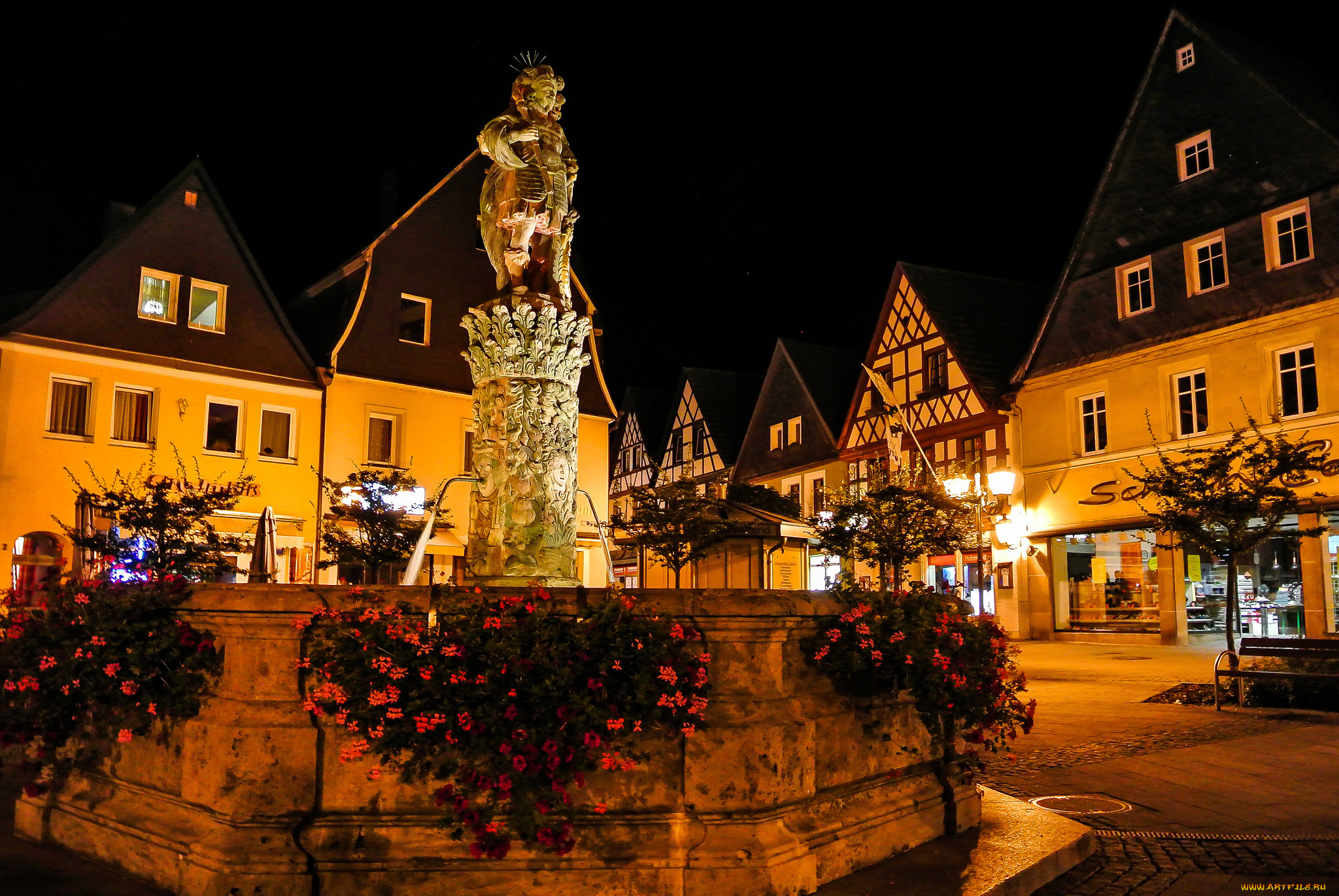 города, -, памятники, , скульптуры, , арт-объекты, фонтан, дома, ночь, площадь, германия, огни