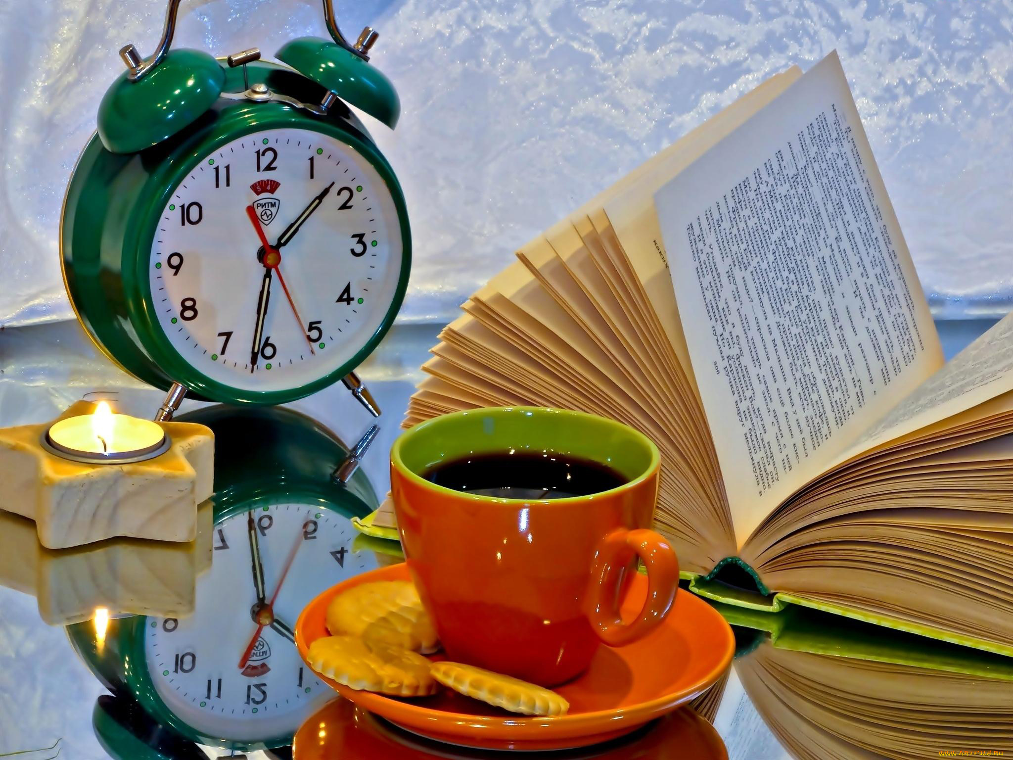 еда, кофе, , кофейные, зёрна, книга, будильник, свеча