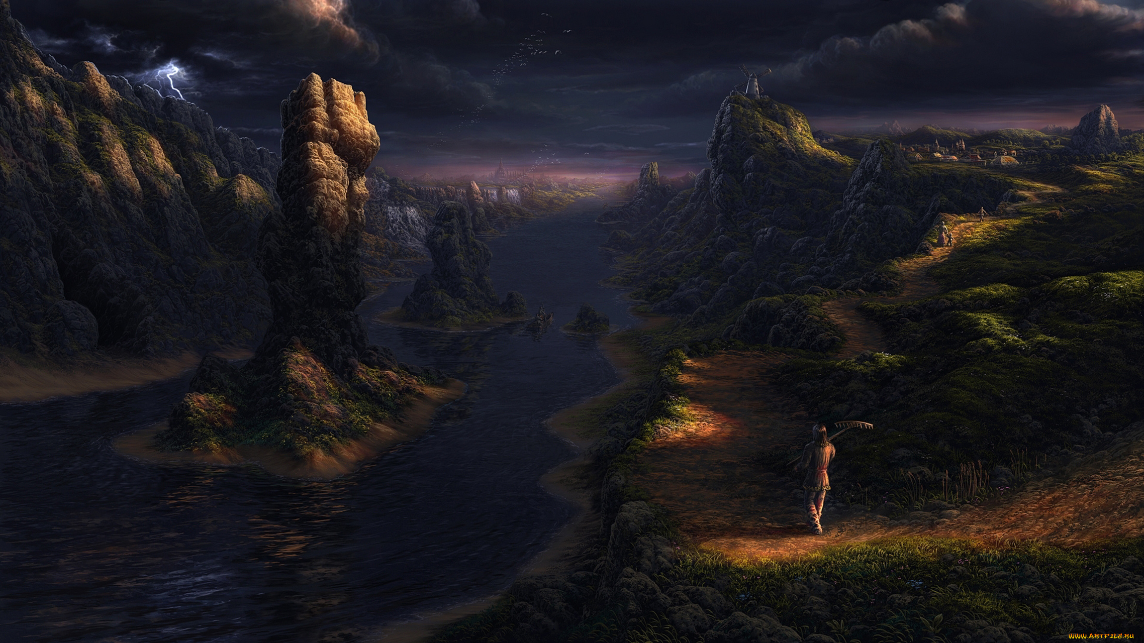 рисованное, природа, река, горы, скалы, берег, тучи, молния, человек, вода