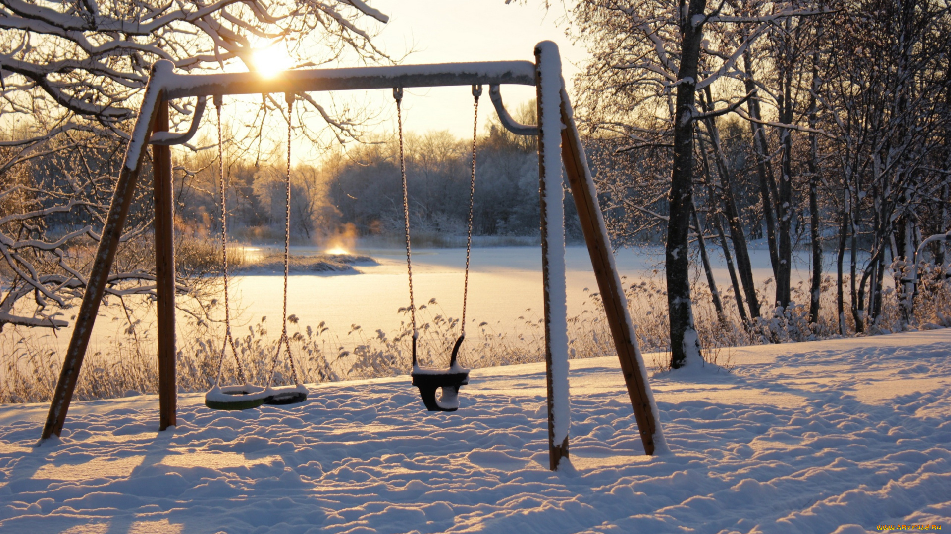 природа, зима, качели, снег, утро