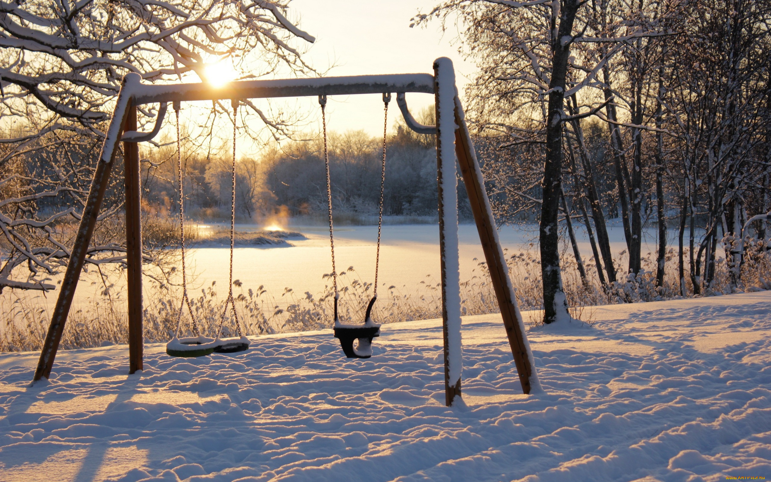природа, зима, качели, снег, утро