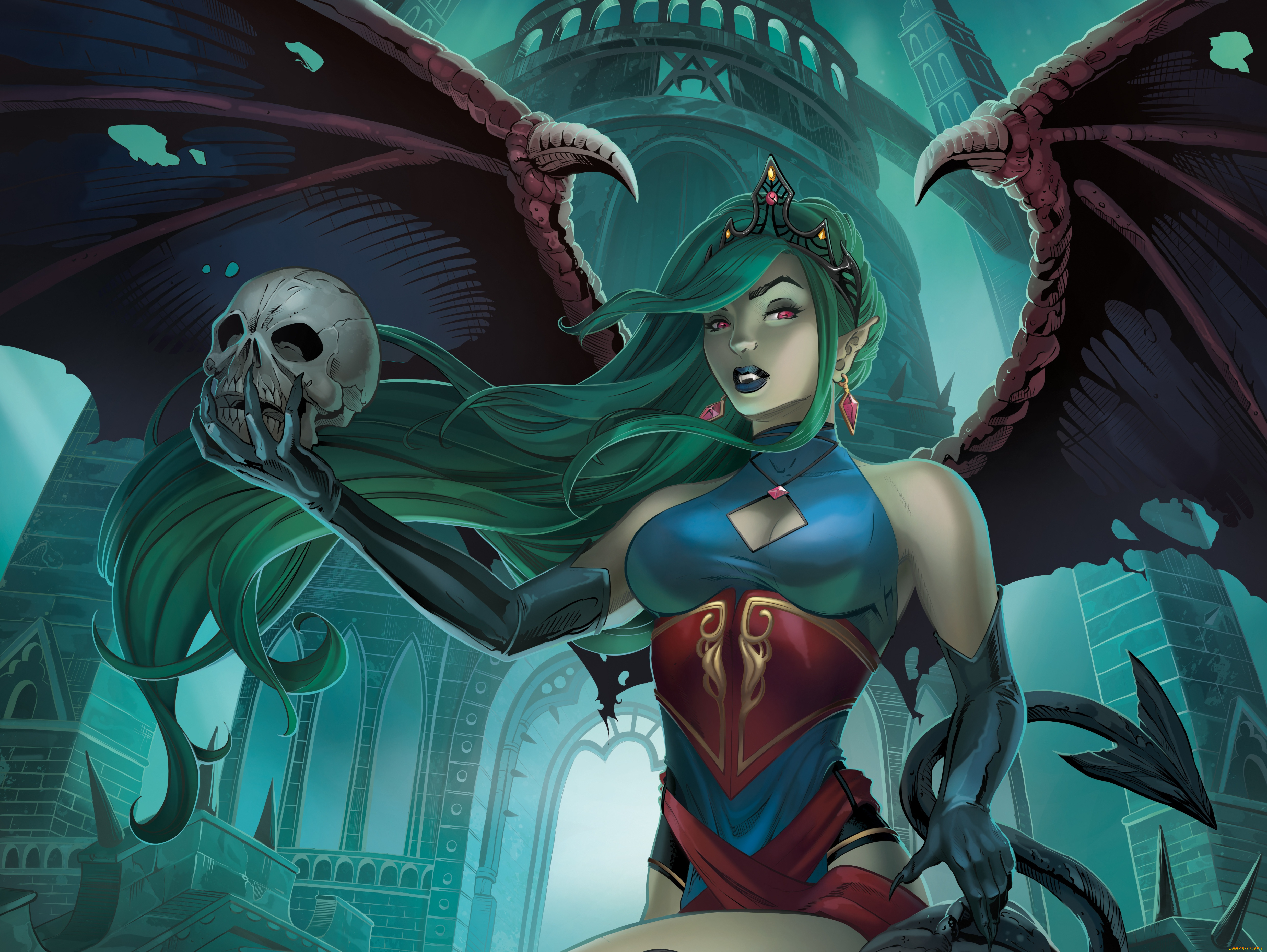 фэнтези, вампиры, фантастика, череп, ночь, крылья, девушка, вампир, evelyn