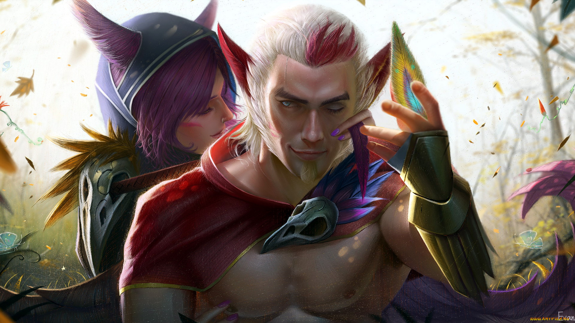 видео, игры, league, of, legends, rakan, xayah, пара, перья, любовь