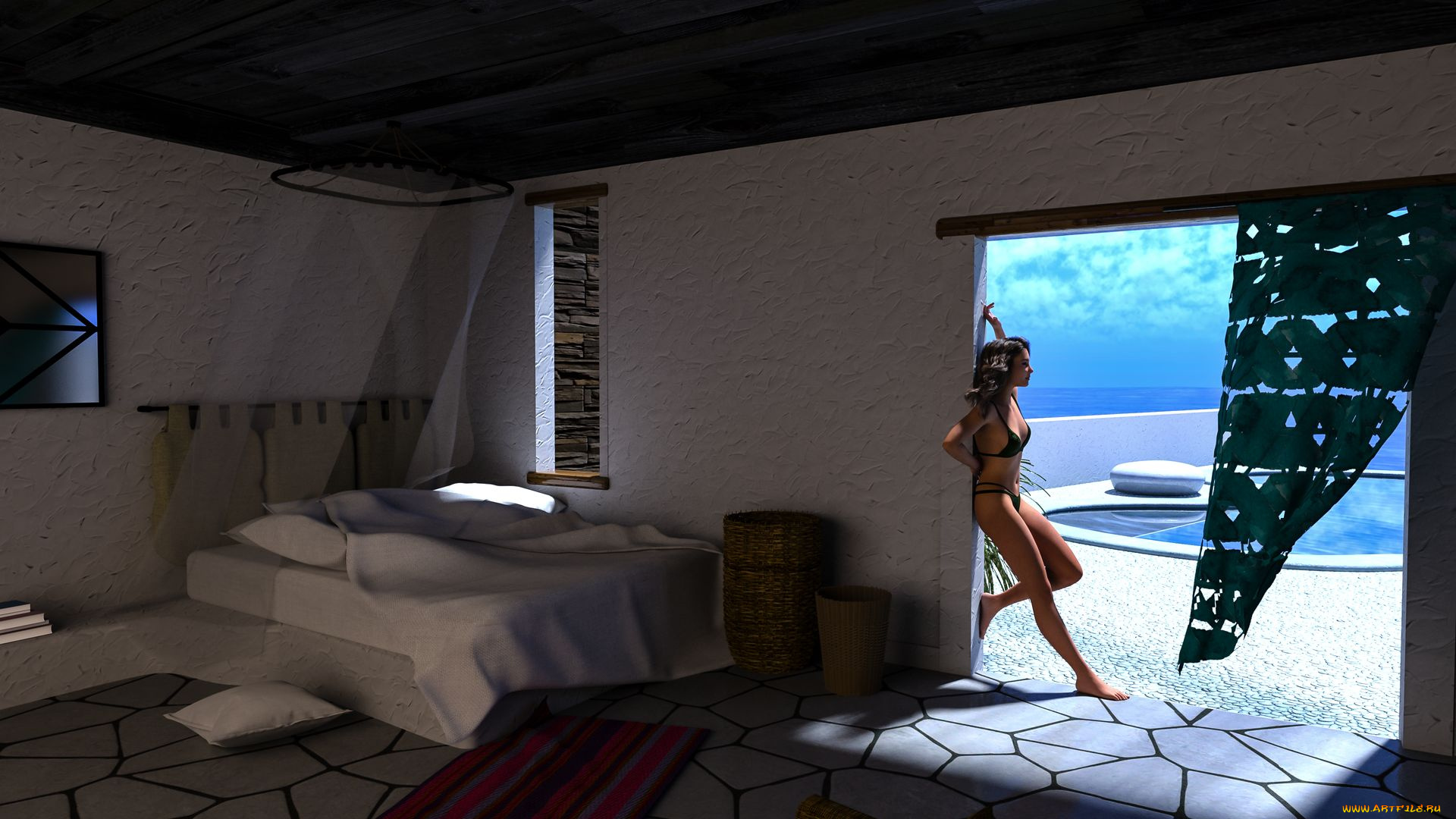 3д, графика, люди, , people, девушка, фон, комната, купальник, море