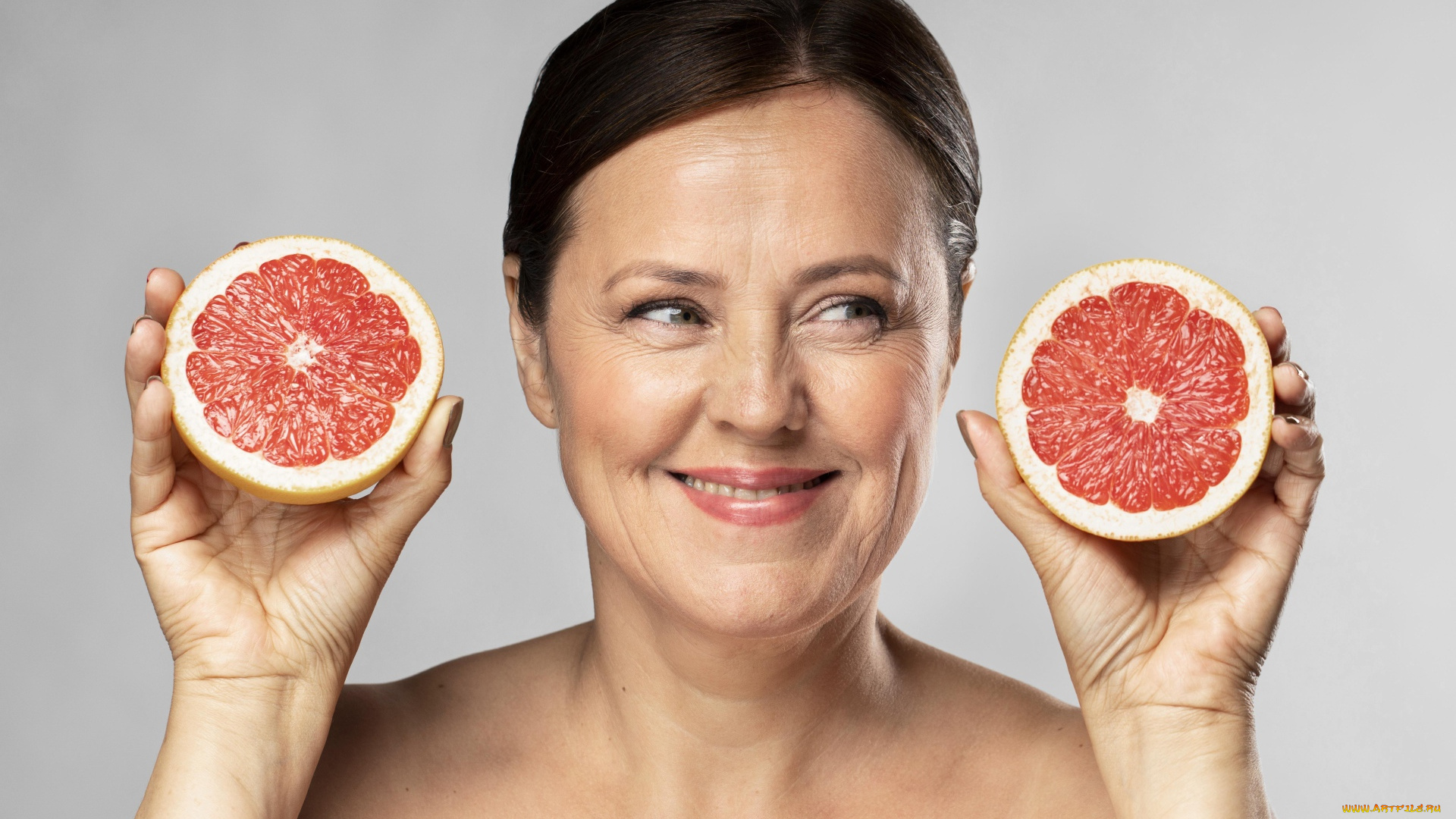 девушки, -, лица, , портреты, лицо, улыбка, грейпфрут