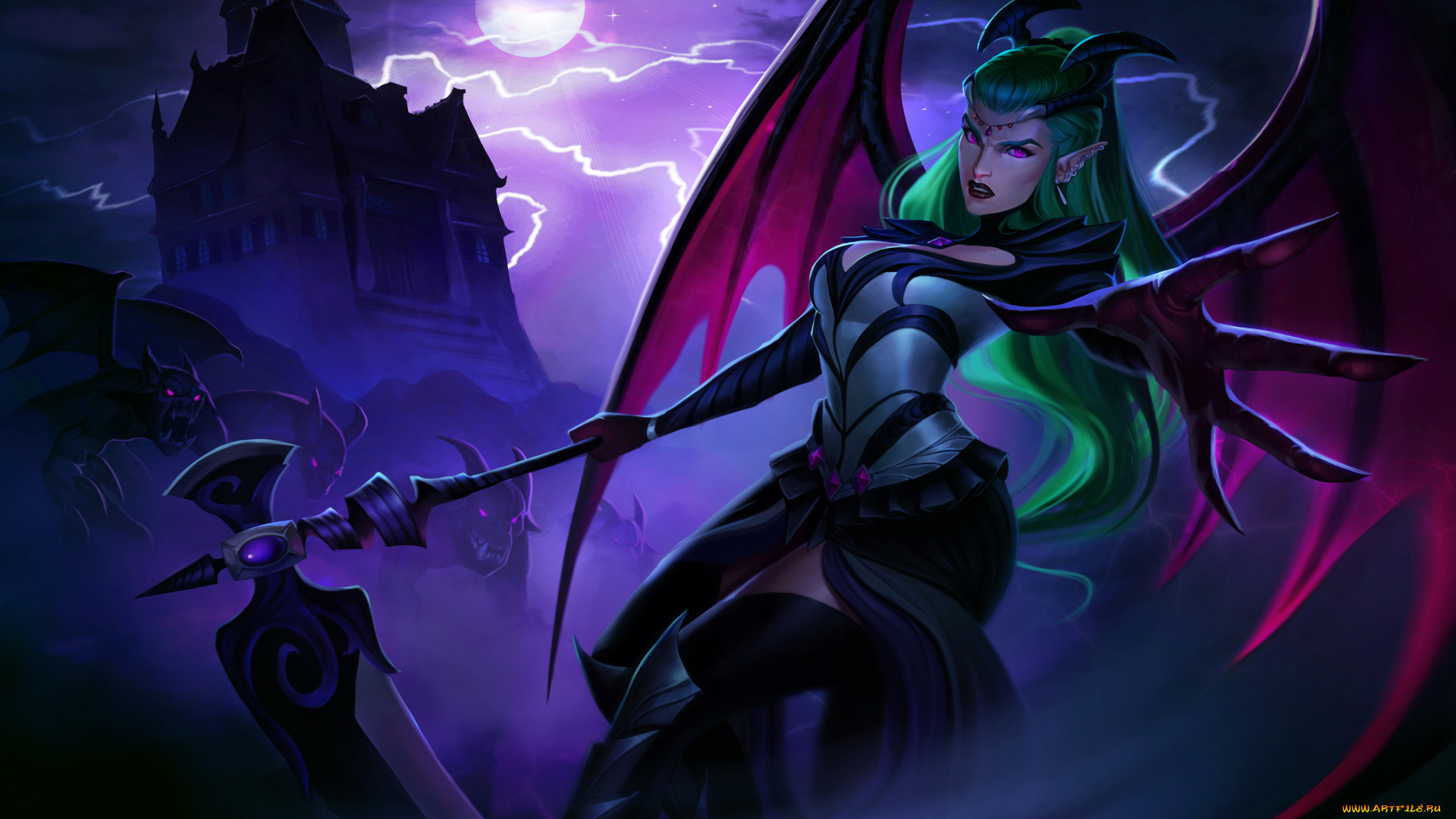 league, of, legends, видео, игры, девушка, фон, взгляд, крылья, рога, луна, evelynn