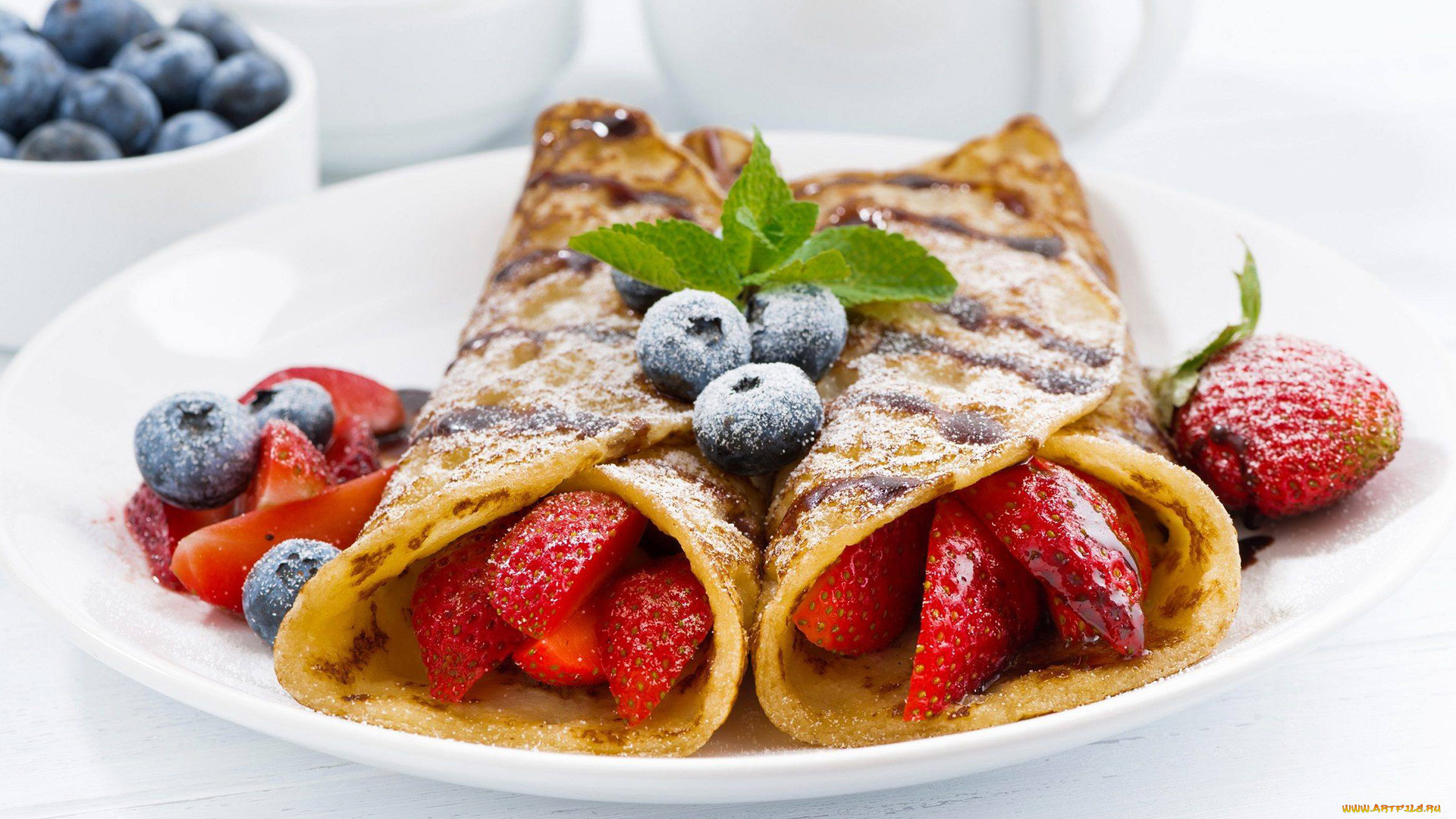 еда, блины, , оладьи, десертные, мята, клубника