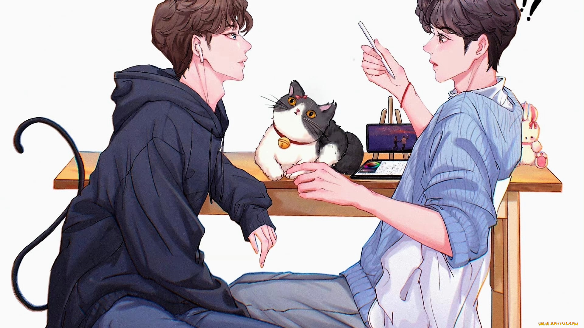 рисованное, люди, ван, ибо, сяо, чжань, кошка, ушки, хвост