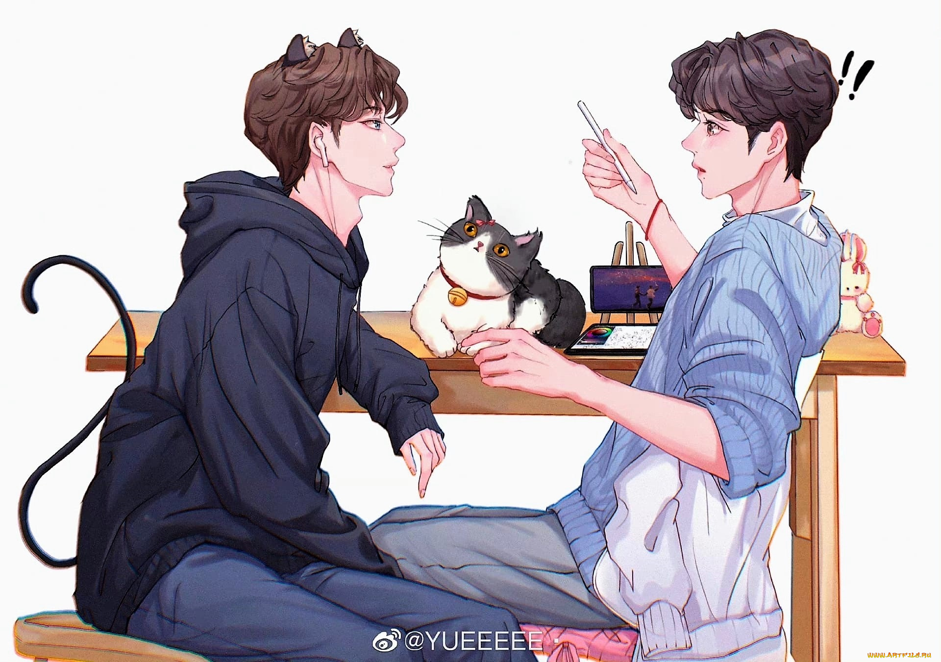 рисованное, люди, ван, ибо, сяо, чжань, кошка, ушки, хвост