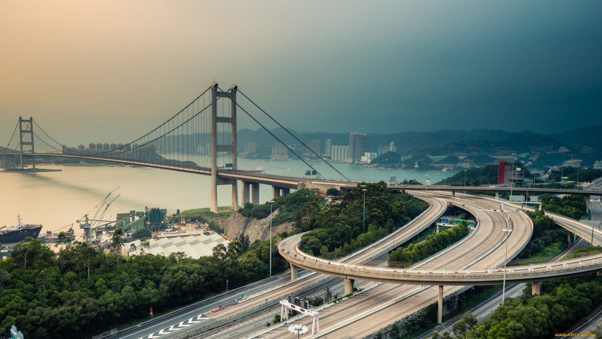 города, гонконг, , китай, гонконг, мост, дороги, дома, tsing, ma, bridge, азия