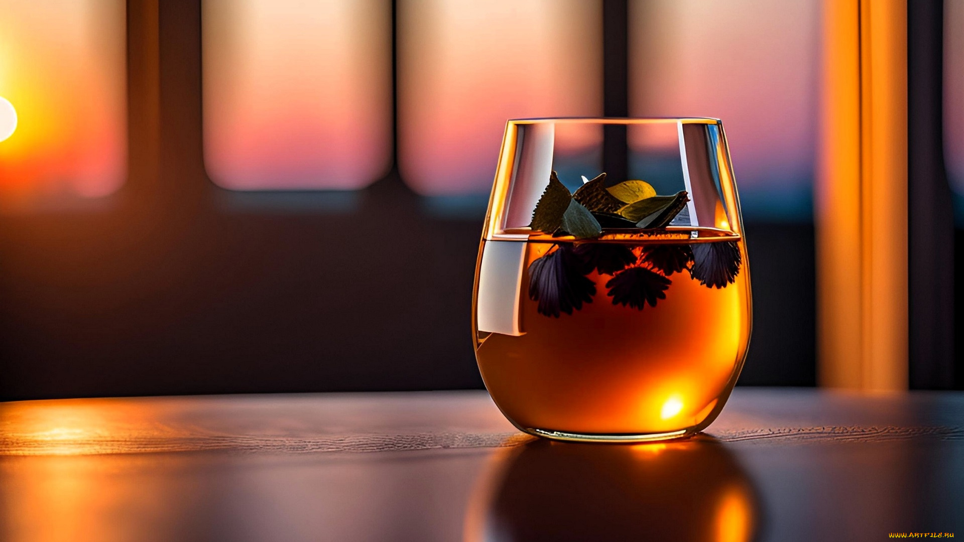 3д, графика, еда-, food, стакан, листья, напиток, стол, окна, закат