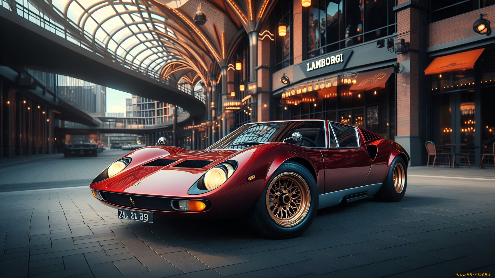 lamborghini, miura, автомобили, 3д, нейросеть, красный, улица, город, дома