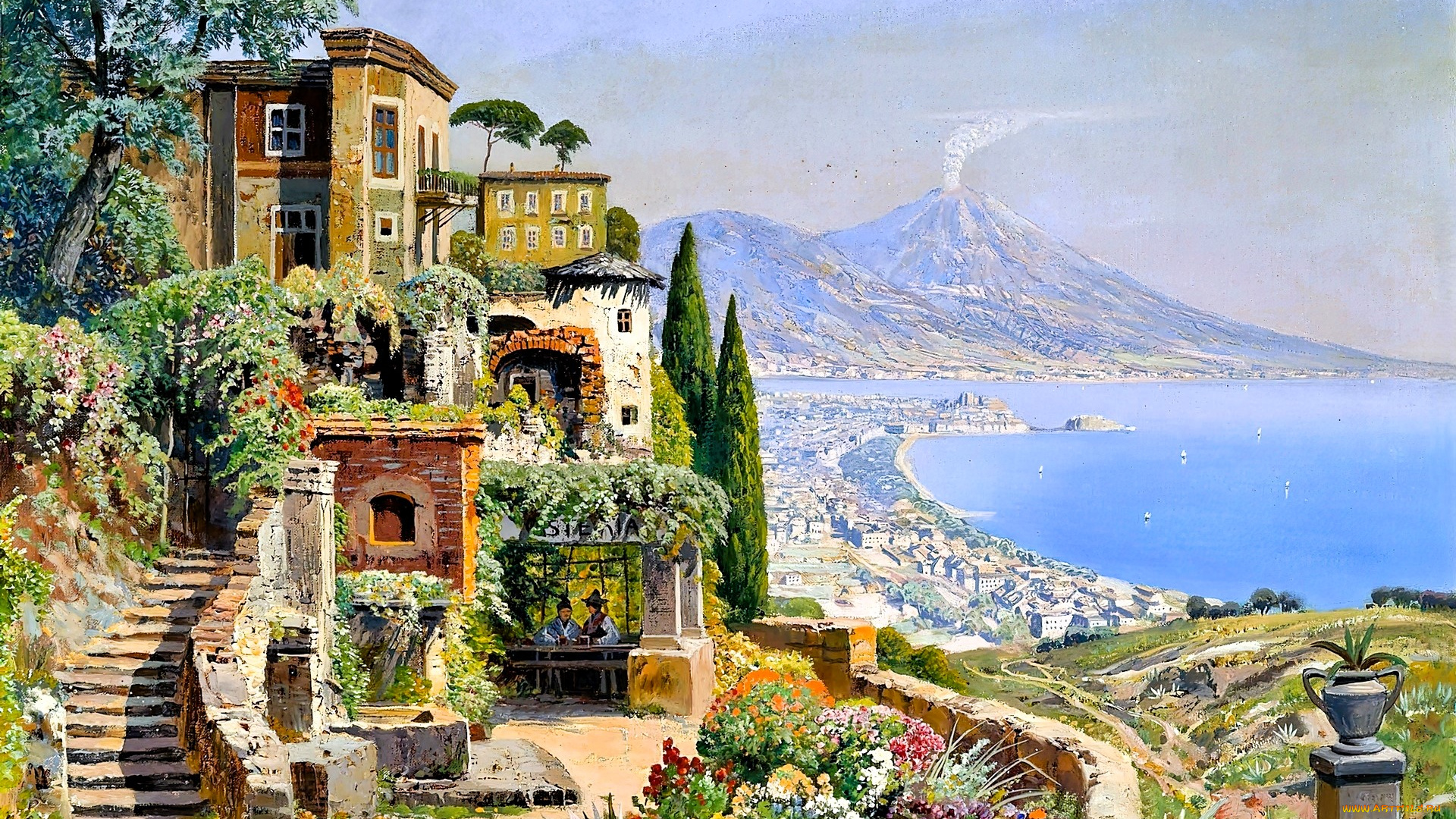 рисованное, alois, arnegger, деревья, дом, дорожка, горы, вулкан, море, город