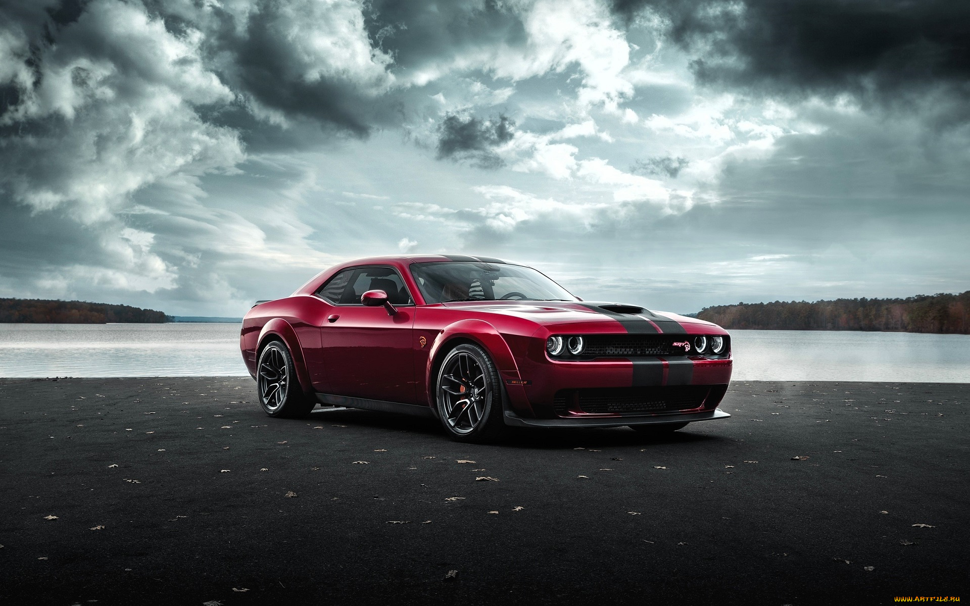 dodge, challenger, автомобили, dodge, красный, площадка, озеро, лес, облака