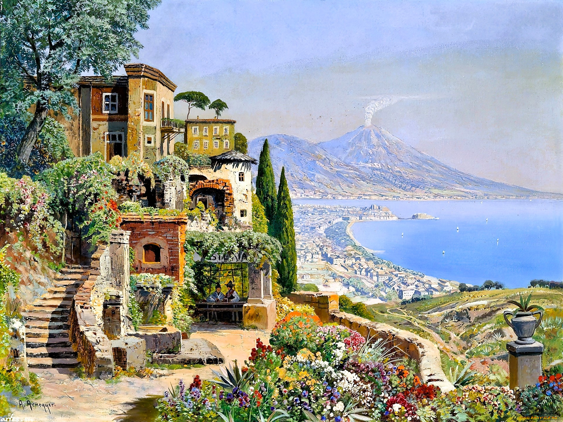 рисованное, alois, arnegger, деревья, дом, дорожка, горы, вулкан, море, город