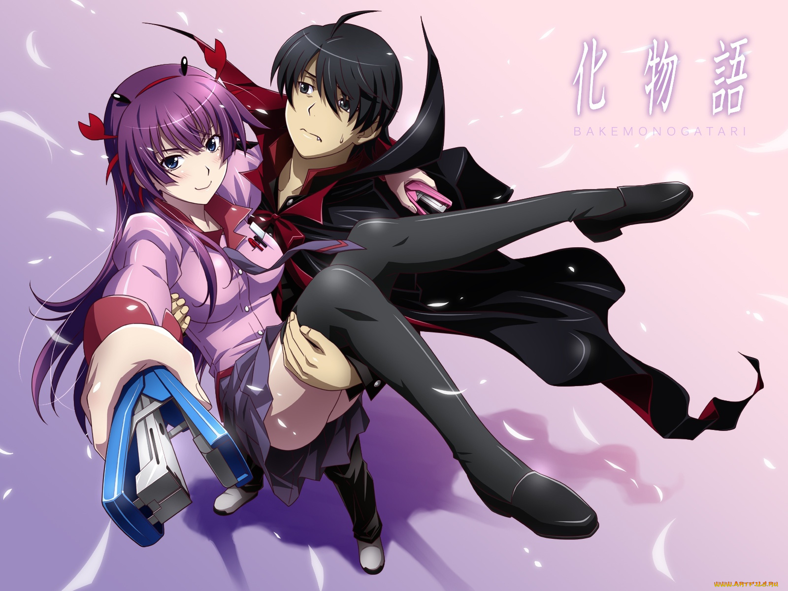аниме, bakemonogatari, araragi, koyomi, мужчина, senjougahara, hitagi, девушка, форма, плащ, степлер