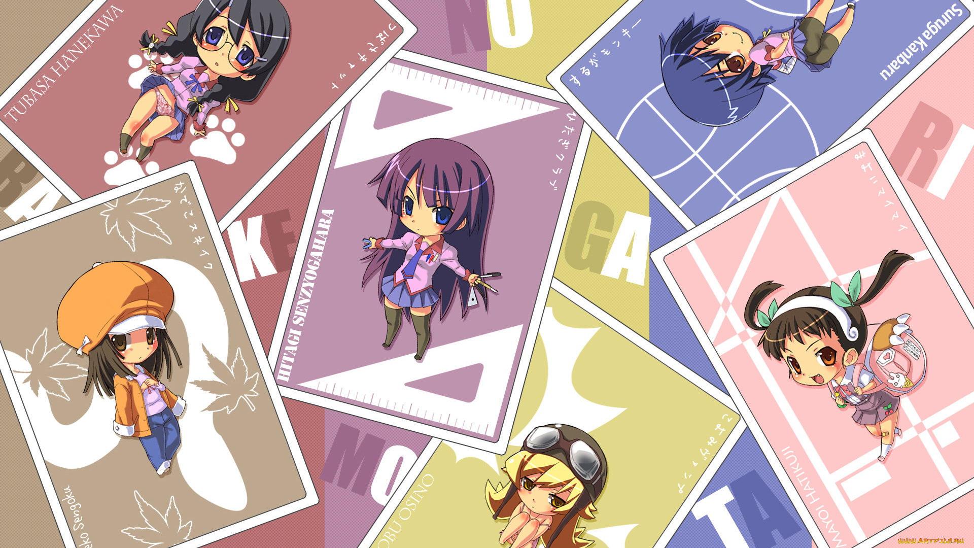 аниме, bakemonogatari, девушки, senjougahara, hitagi, oshino, shinobu, kanbaru, suruga, hachikuji, mayoi, hanekawa, tsubasa, sengoku, nadeko