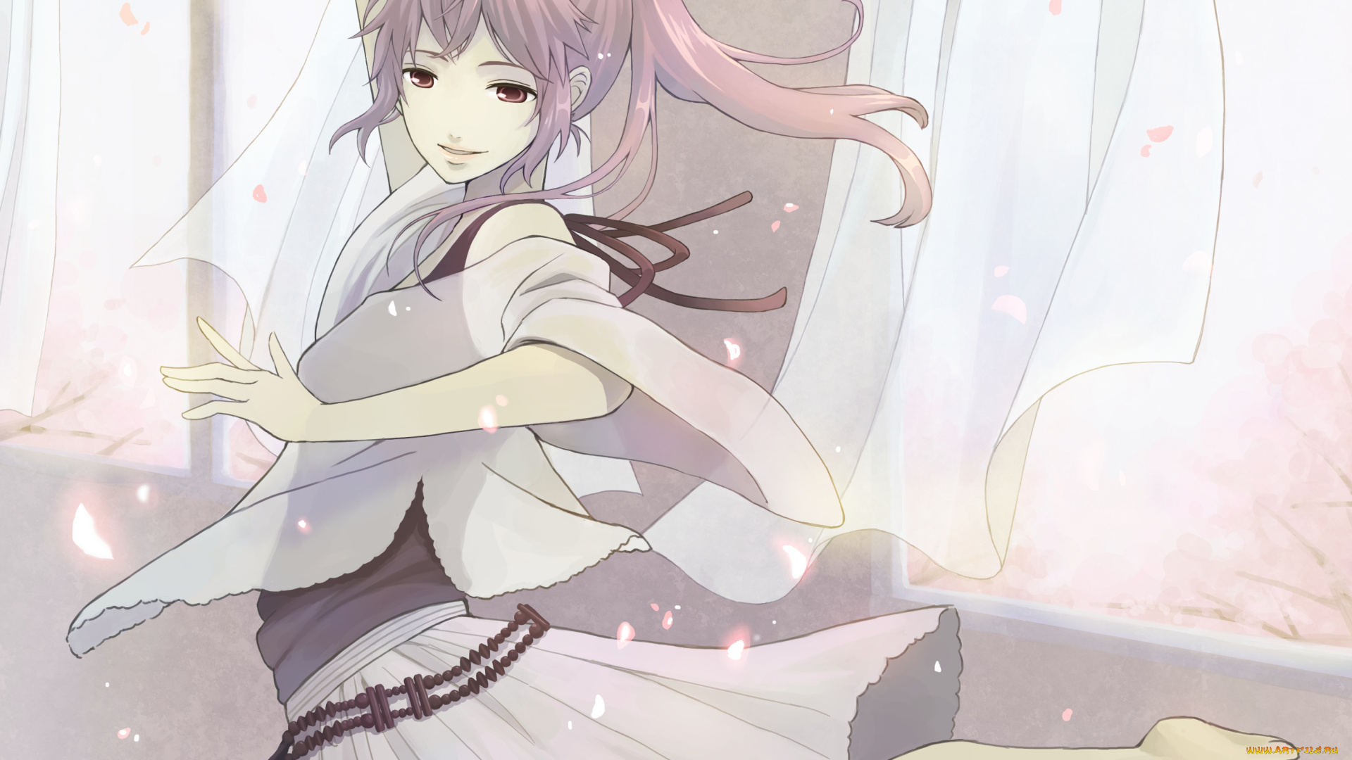 аниме, *unknown, другое, девушка, танцует, лепестки, сакура, ветер, окна