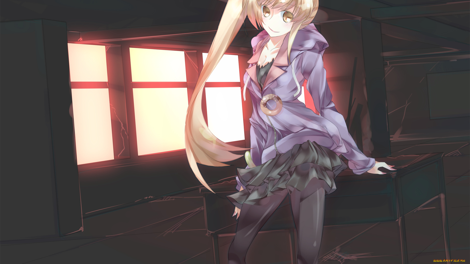 oshino, shinobu, аниме, bakemonogatari, nisemonogatari, kissshot, acerolaorion, heartunderblade, девушка, помещение, окна, стол