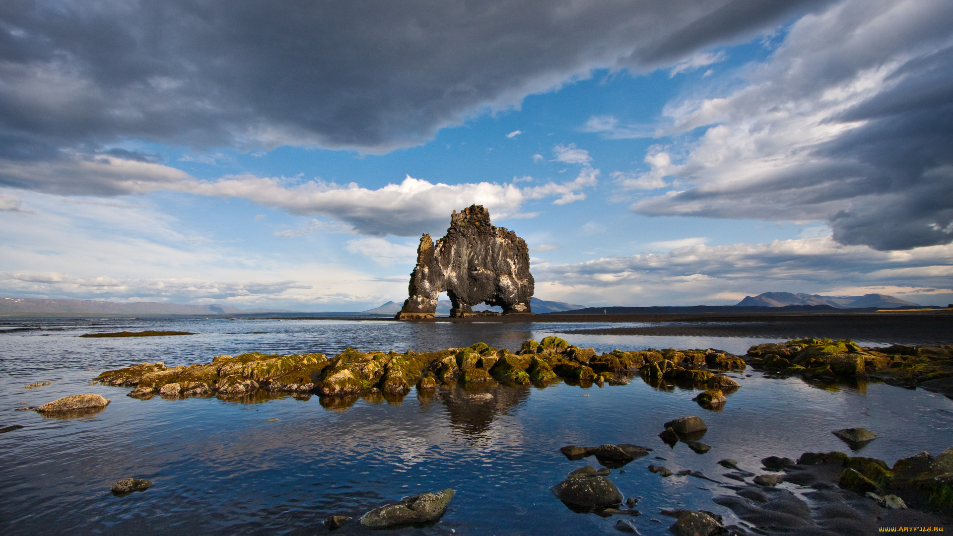 природа, побережье, камни, скала, облака