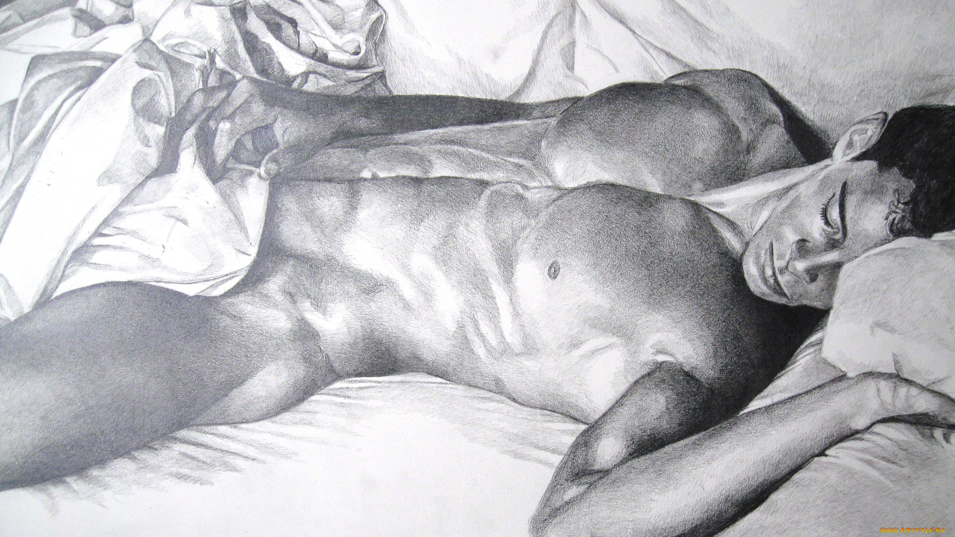 рисованные, люди, мужчина, простыня, отдых, сон, торс, парень