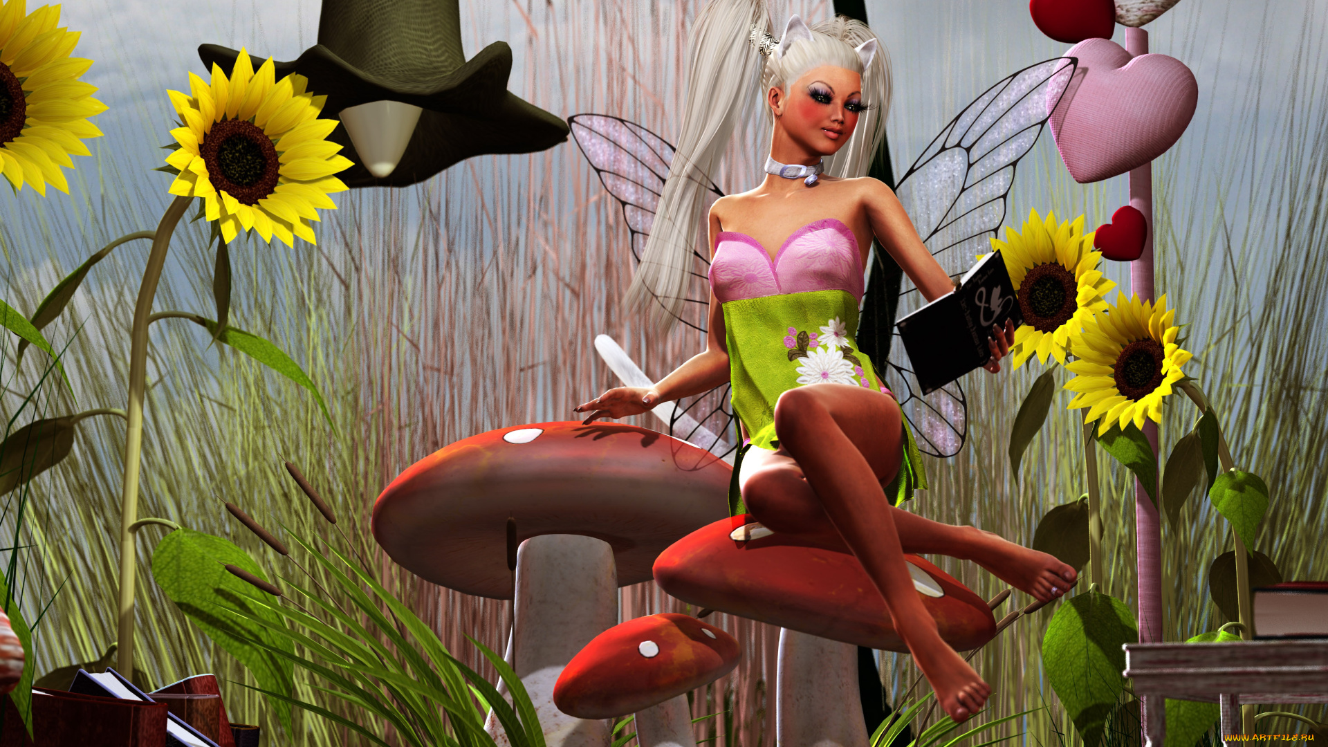 3д, графика, elves, эльфы, книги, камыш, эльфийка, подсолнухи