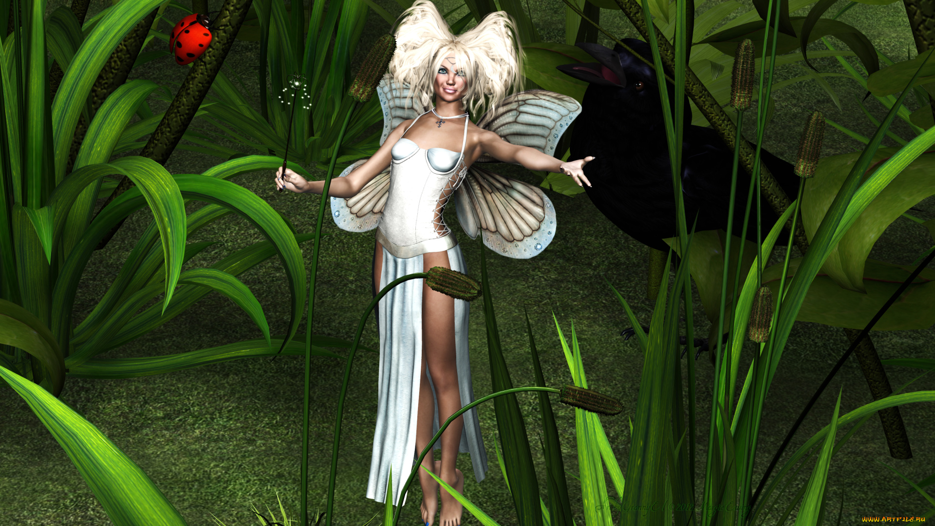 3д, графика, fantasy, фантазия, девушка, лес, цветы, эльфийка