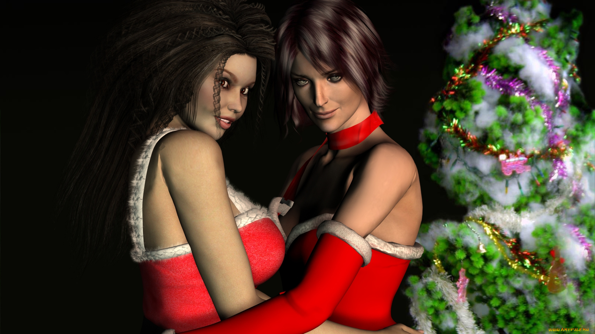 3д, графика, holidays, праздники, ель, девушки
