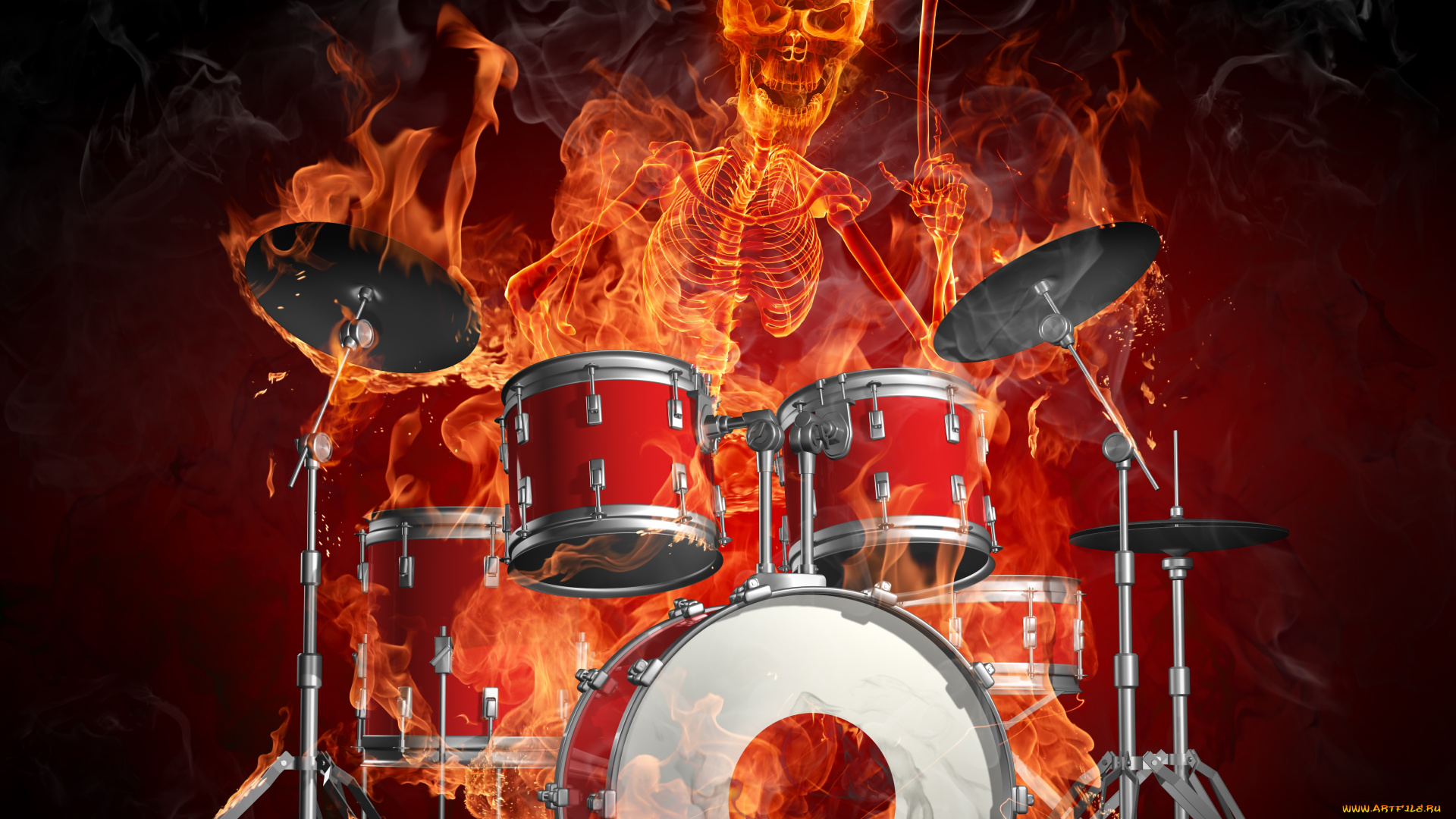 3д, графика, horror, ужас, огонь, скилет, барабаны