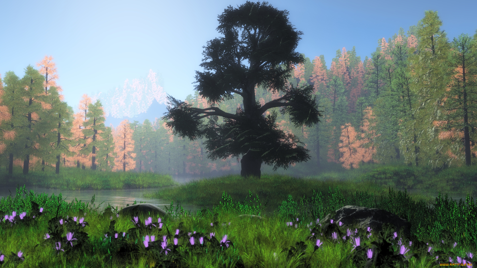 3д, графика, nature, landscape, природа, лес, цветы, луг, река