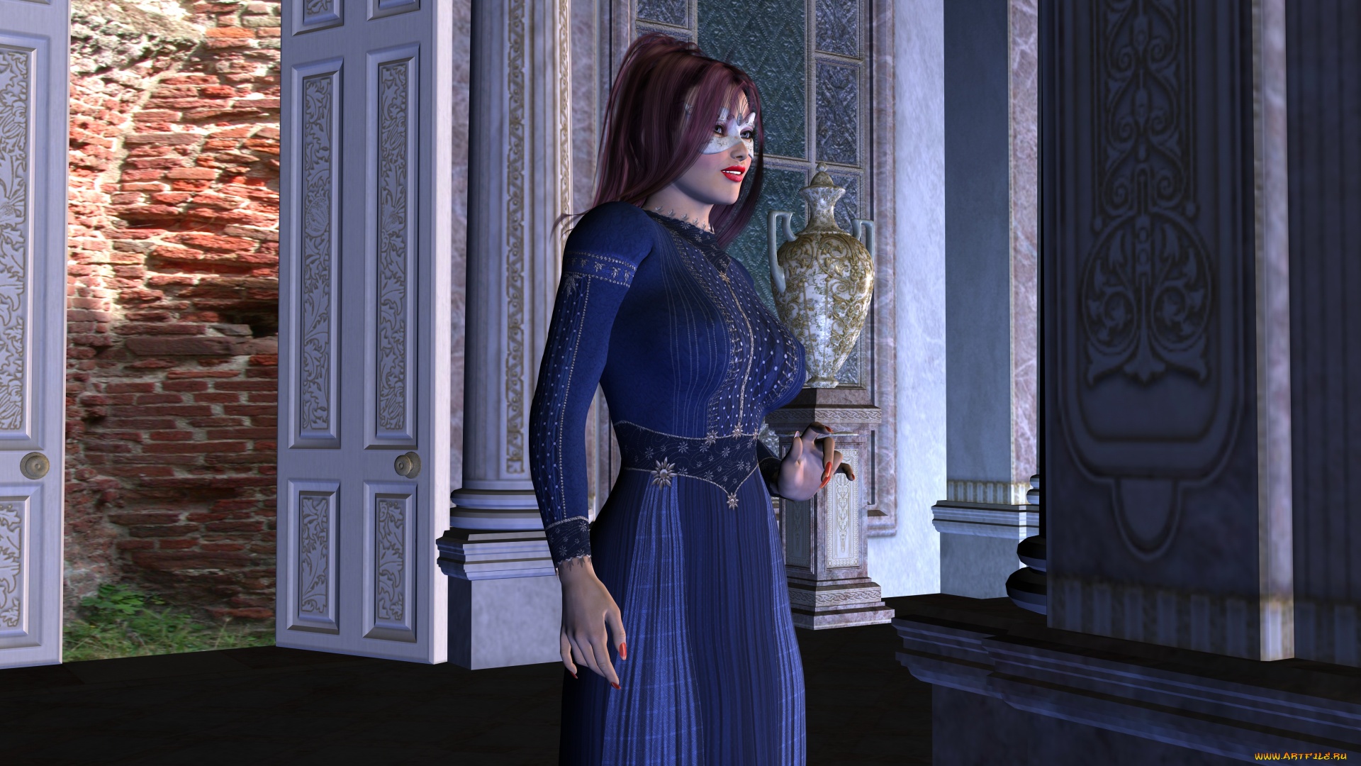 3д, графика, people, люди, девушка, маска, ваза, комната