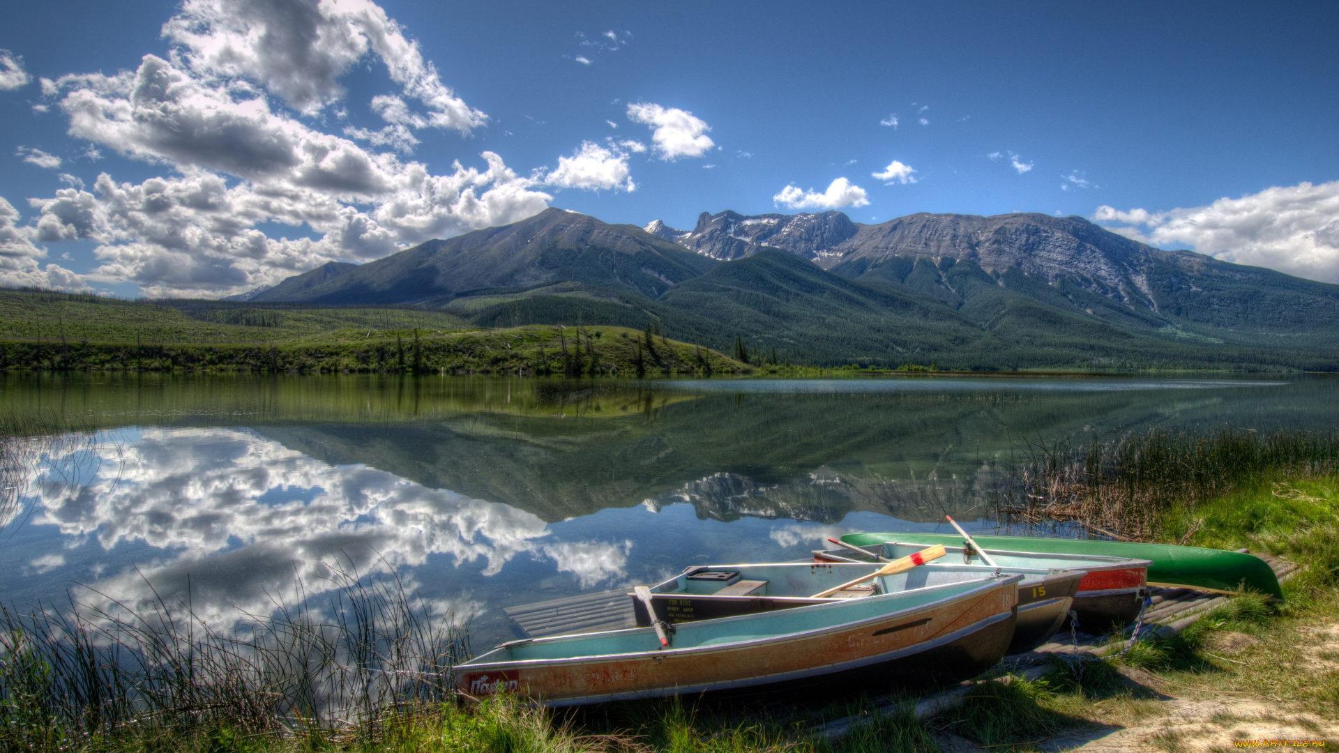корабли, лодки, шлюпки, природа, канада, облака, отражение, talbot, lake, jasper, national, park
