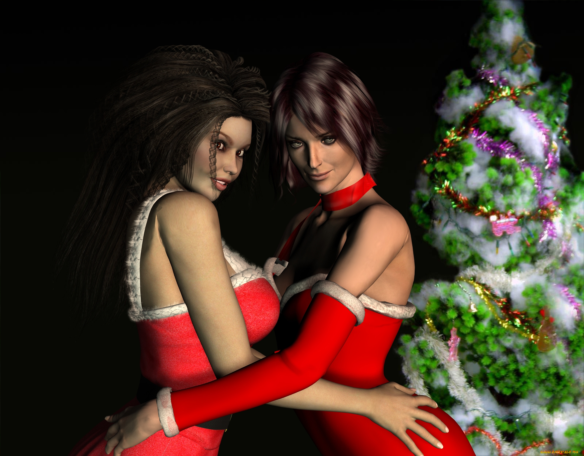 3д, графика, holidays, праздники, ель, девушки